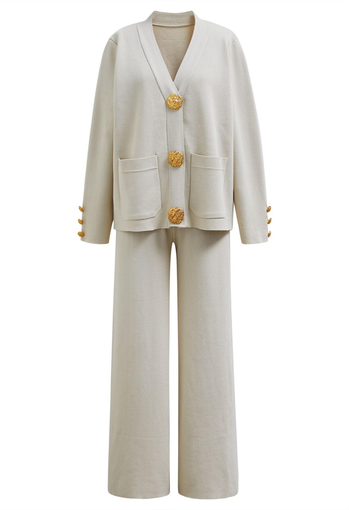 Golden Button Patch Pocket Knit Cardigan and Pants Set in Ivory