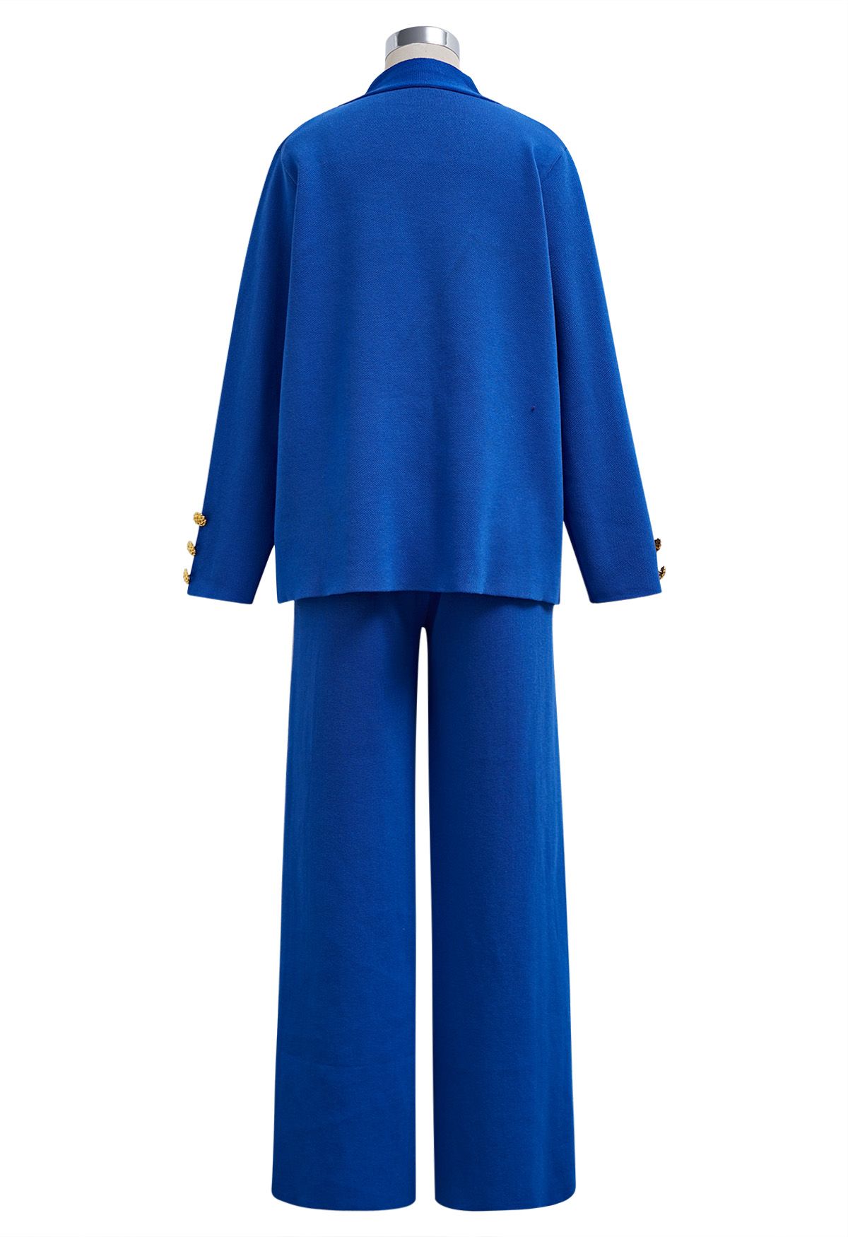 Golden Button Patch Pocket Knit Cardigan and Pants Set in Royal Blue