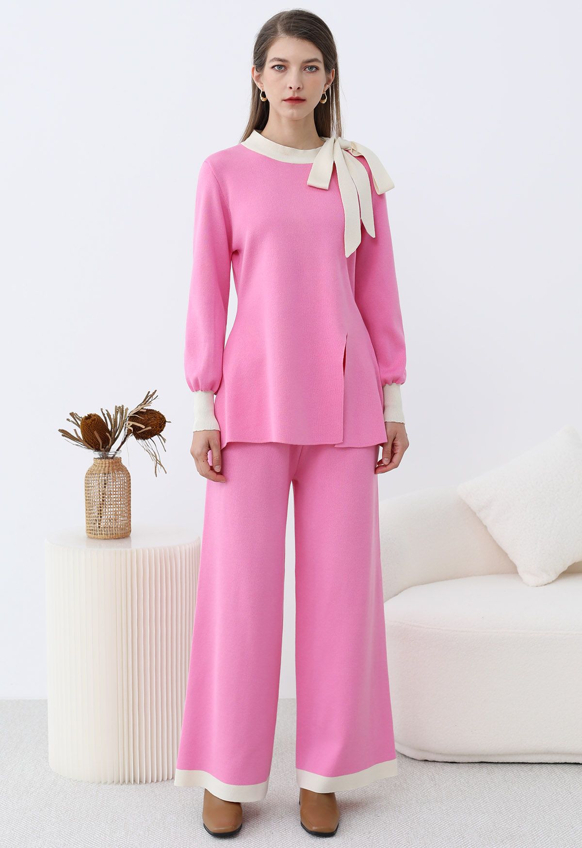 Contrast Edge Bowknot Knit Sweater and Pants Set in Candy Pink