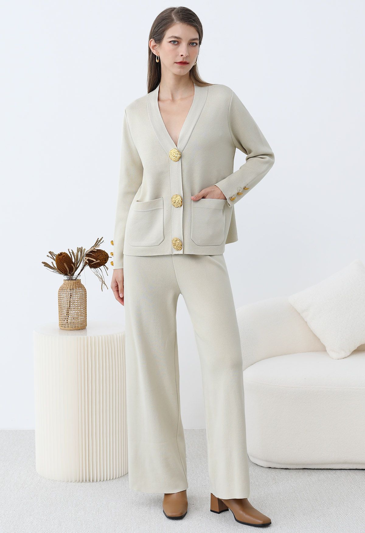 Golden Button Patch Pocket Knit Cardigan and Pants Set in Ivory Retro Indie and Unique Fashion