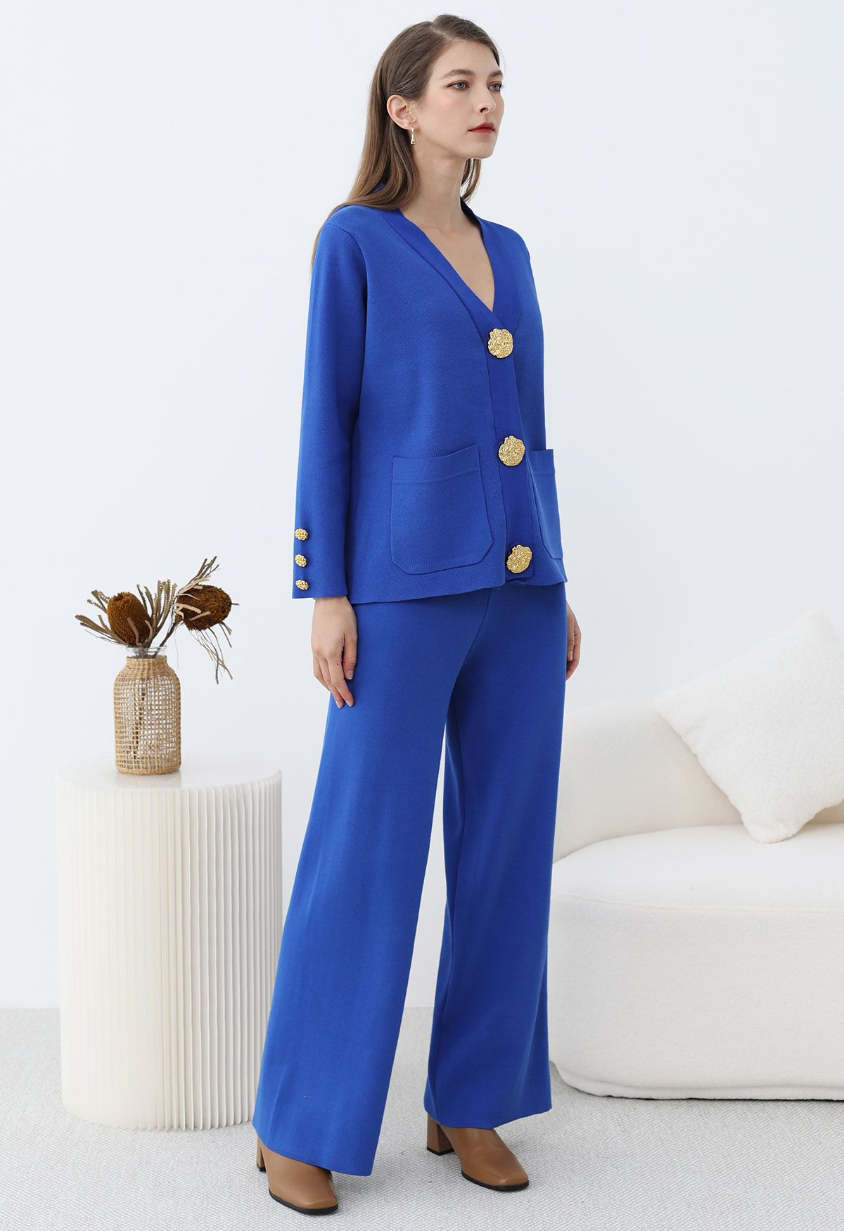 Golden Button Patch Pocket Knit Cardigan and Pants Set in Royal Blue