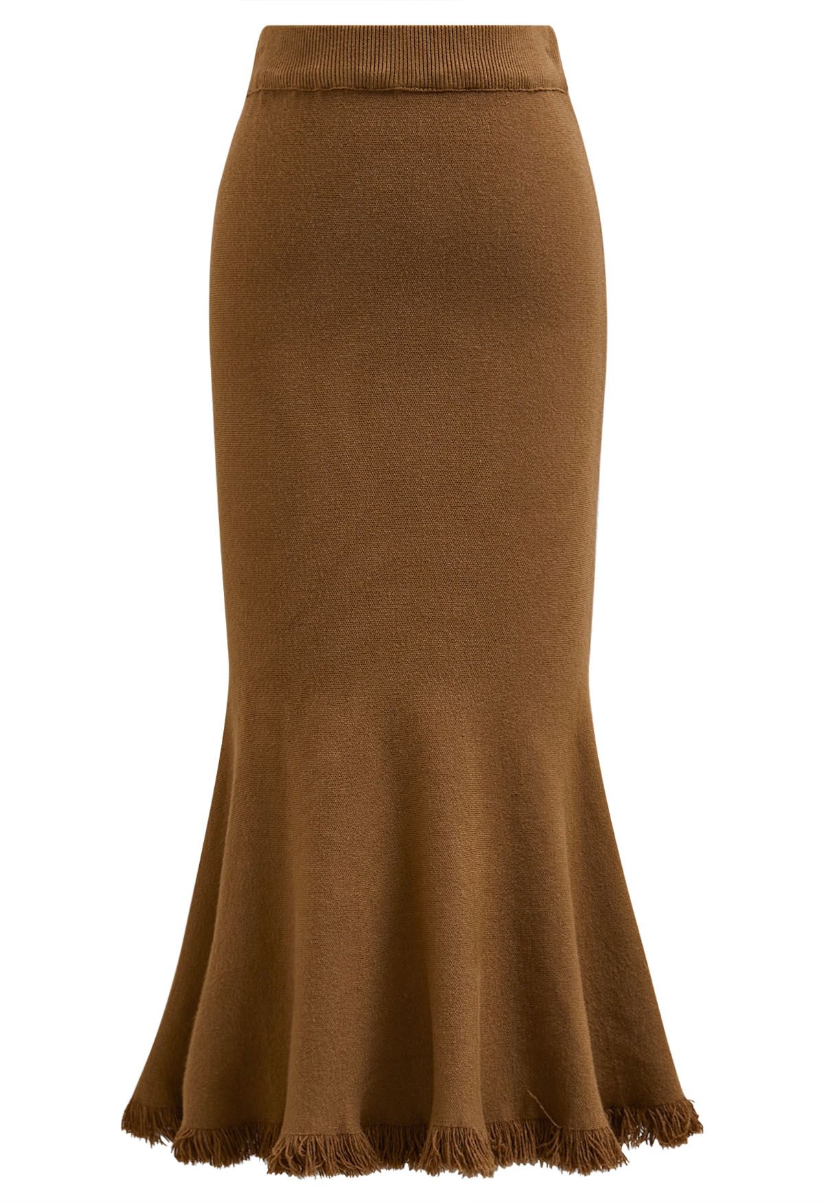 Easy Fringed Mermaid Knit Maxi Skirt in Caramel