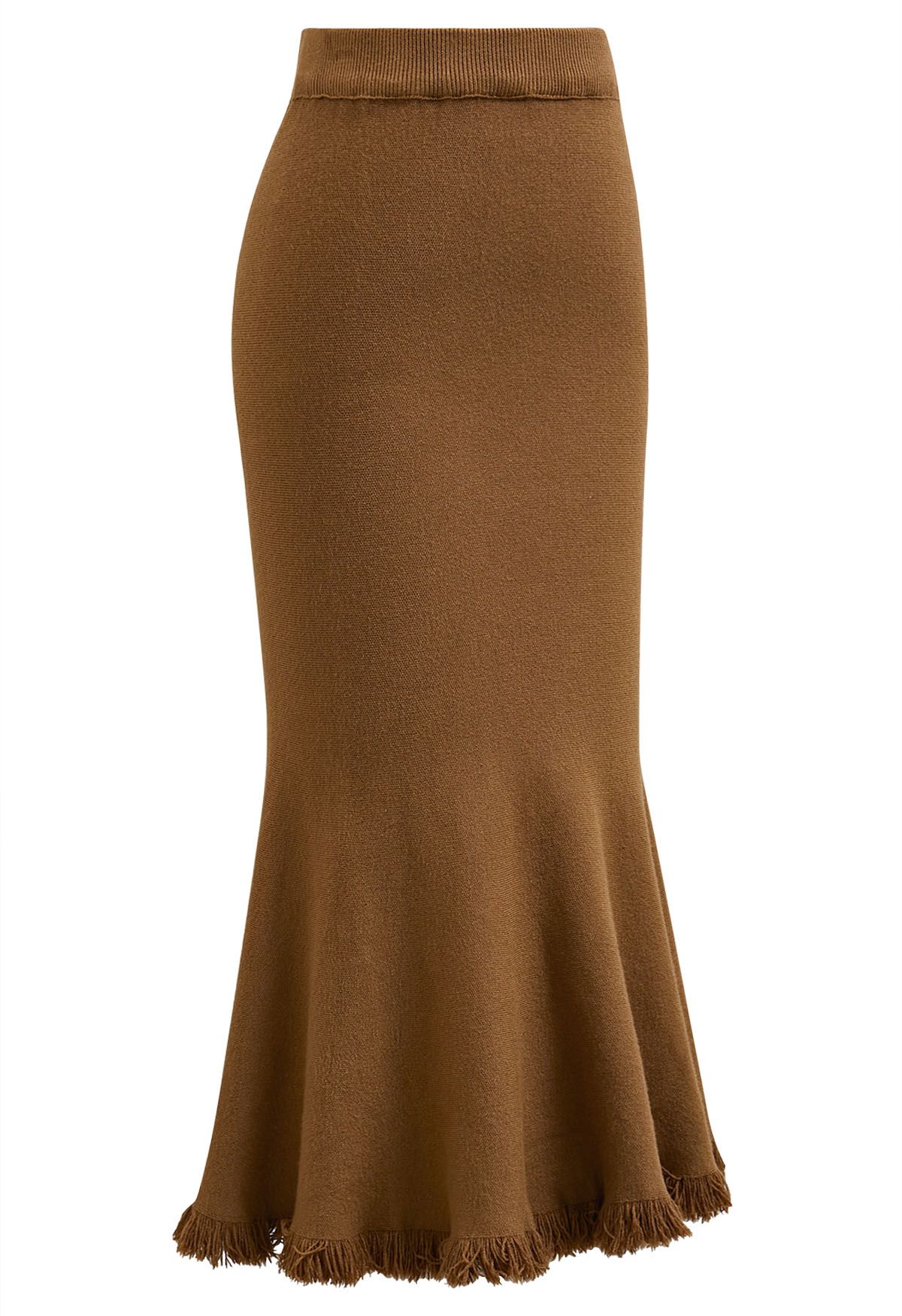 Easy Fringed Mermaid Knit Maxi Skirt in Caramel