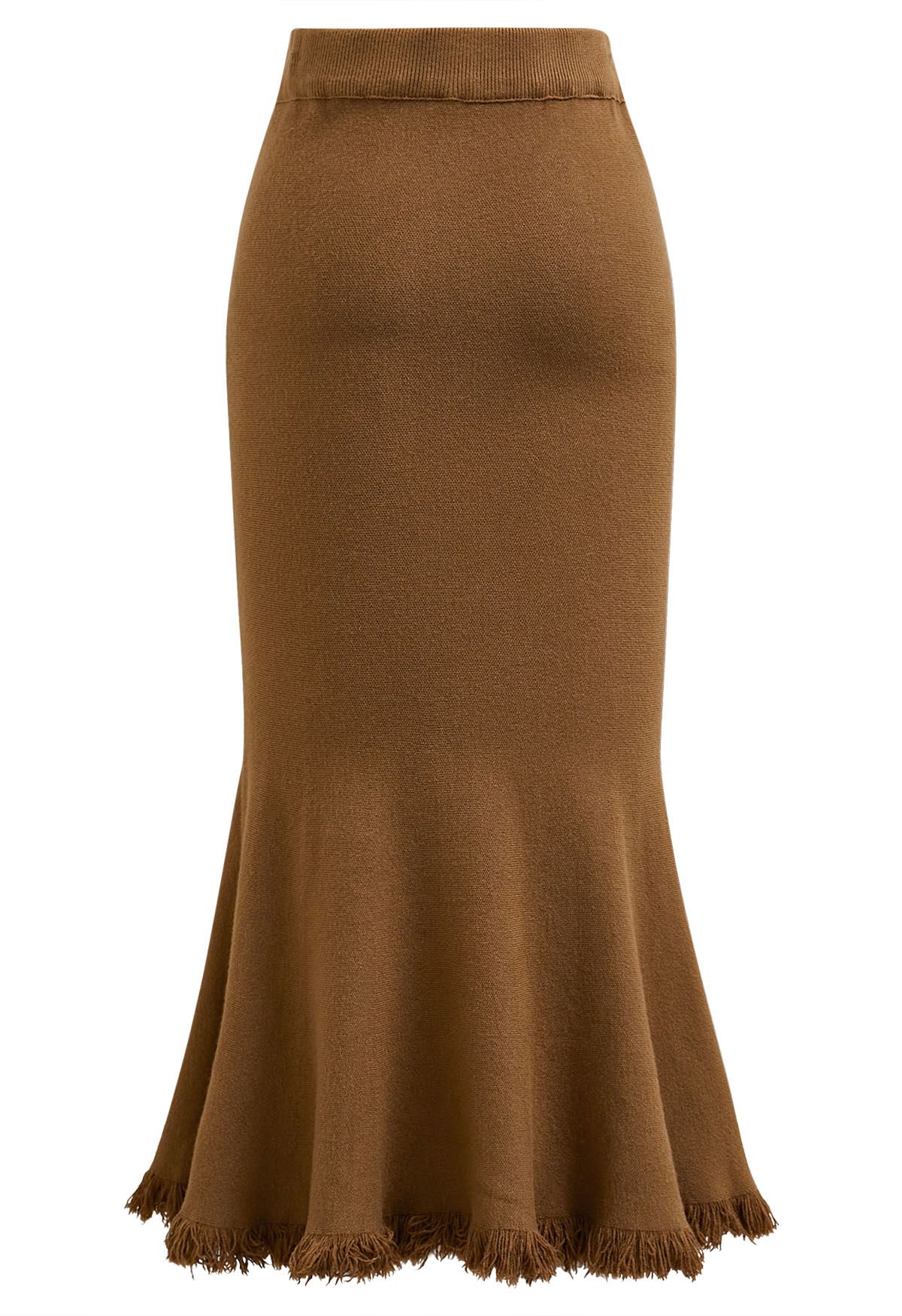 Easy Fringed Mermaid Knit Maxi Skirt in Caramel