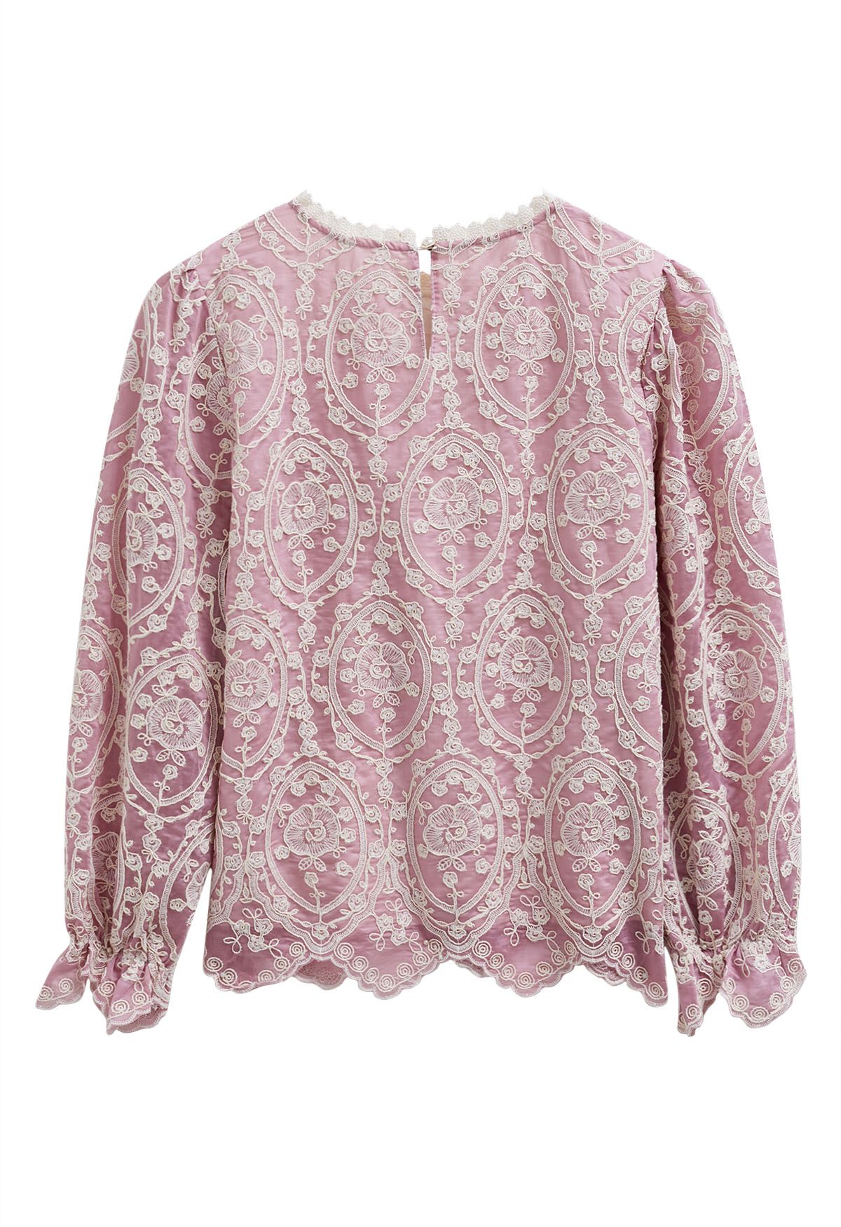 Embroidery Overlay Scalloped Long-Sleeve Top in Dusty Pink