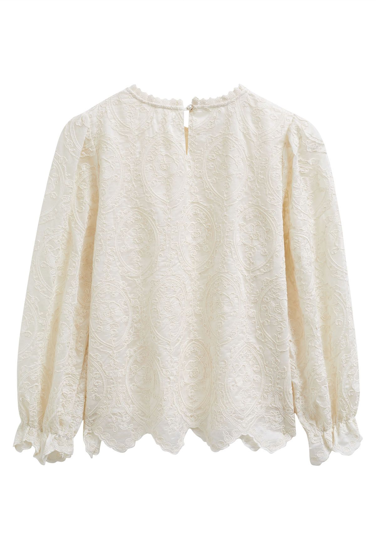 Embroidery Overlay Scalloped Long-Sleeve Top in Cream