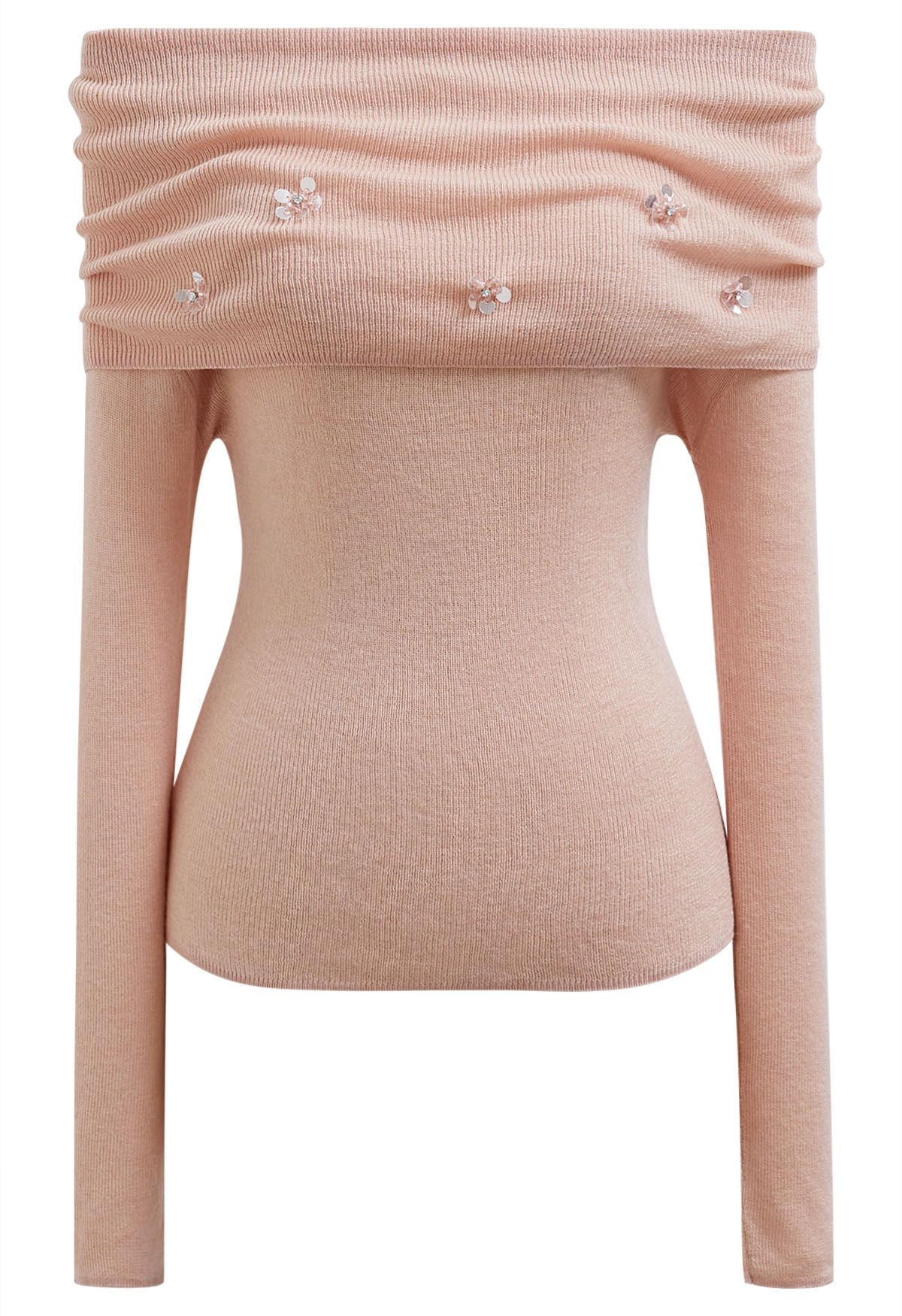 3D Sequin Flower Foldover Off-Shoulder Knit Top in Pink