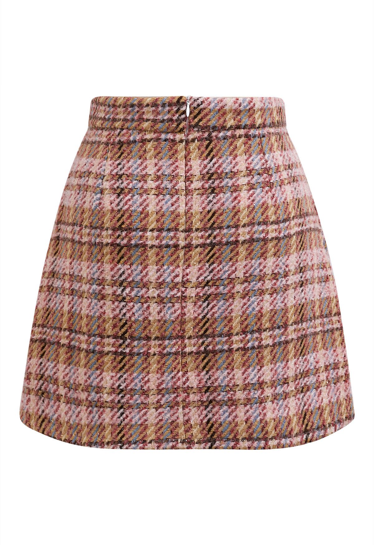 Golden Buttons Pink Plaid Wool-Blend Mini Skirt