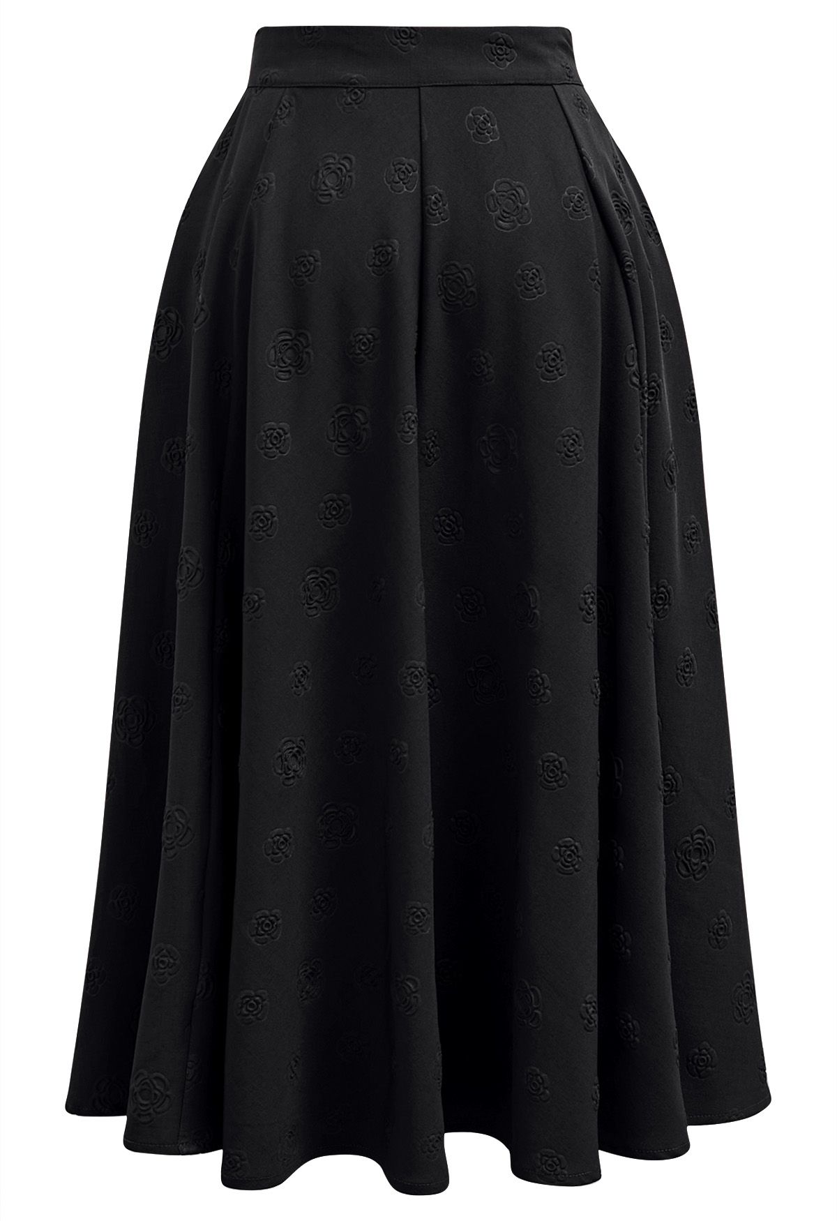 Embossed Rose A-Line Midi Skirt in Black