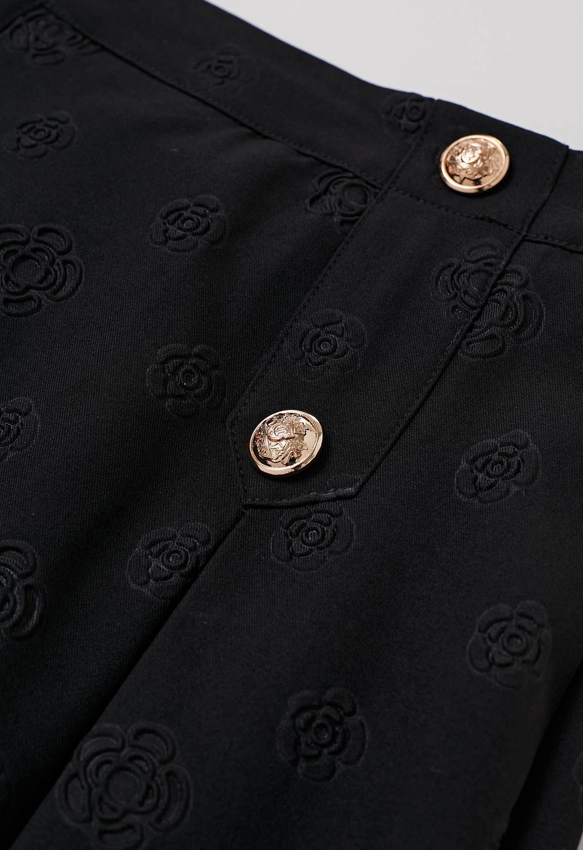 Embossed Rose A-Line Midi Skirt in Black