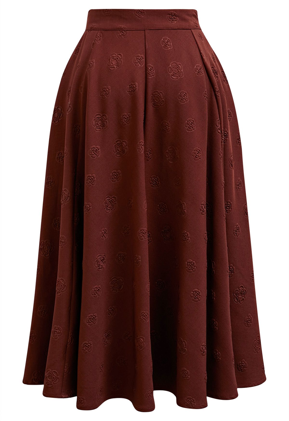 Embossed Rose A-Line Midi Skirt in Burgundy