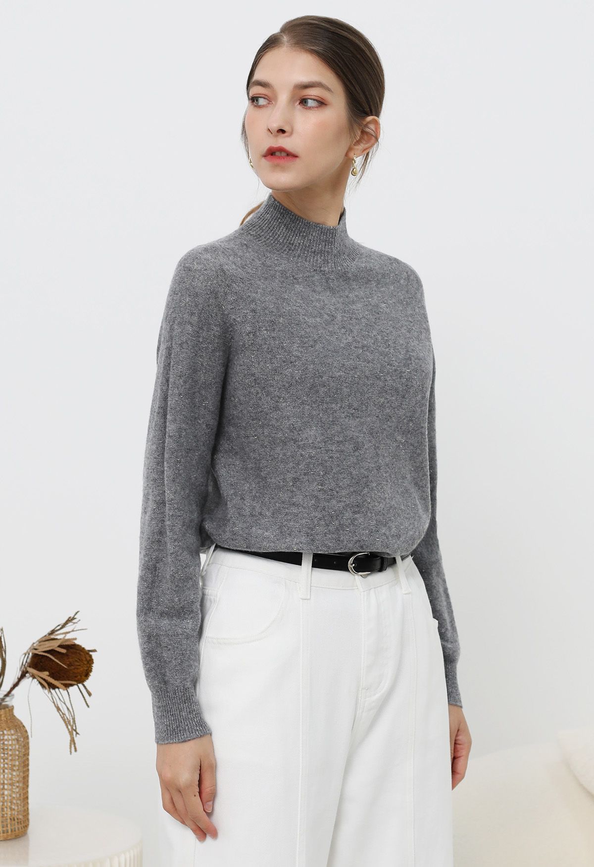 Integral Metallic Thread Mock Neck Wool Sweater in Smoke