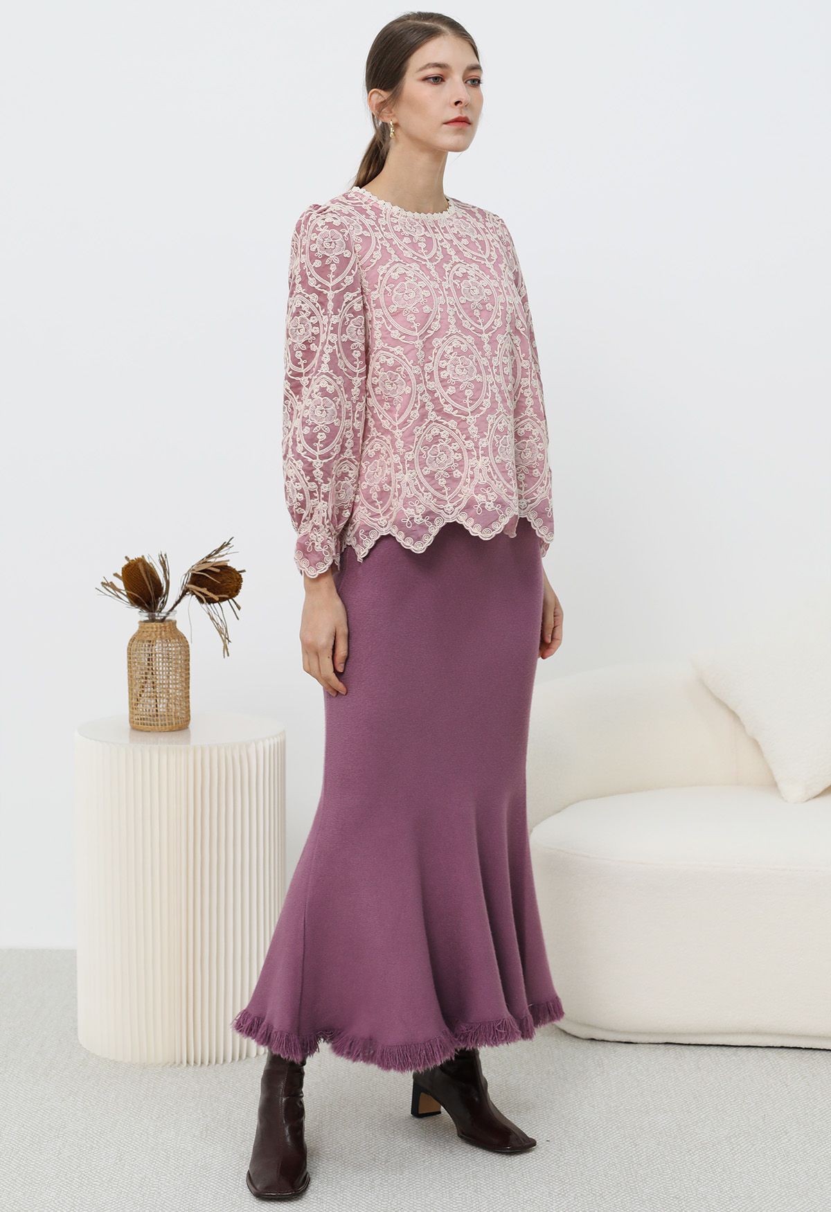 Embroidery Overlay Scalloped Long-Sleeve Top in Dusty Pink