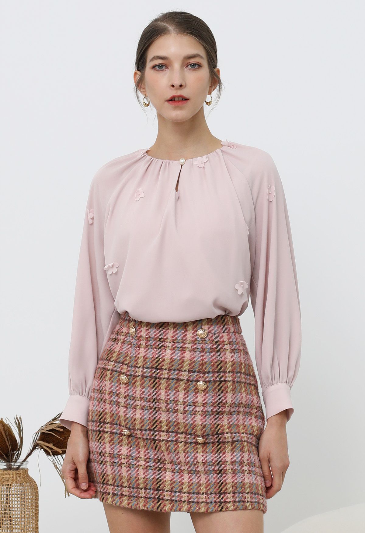 Golden Buttons Pink Plaid Wool-Blend Mini Skirt