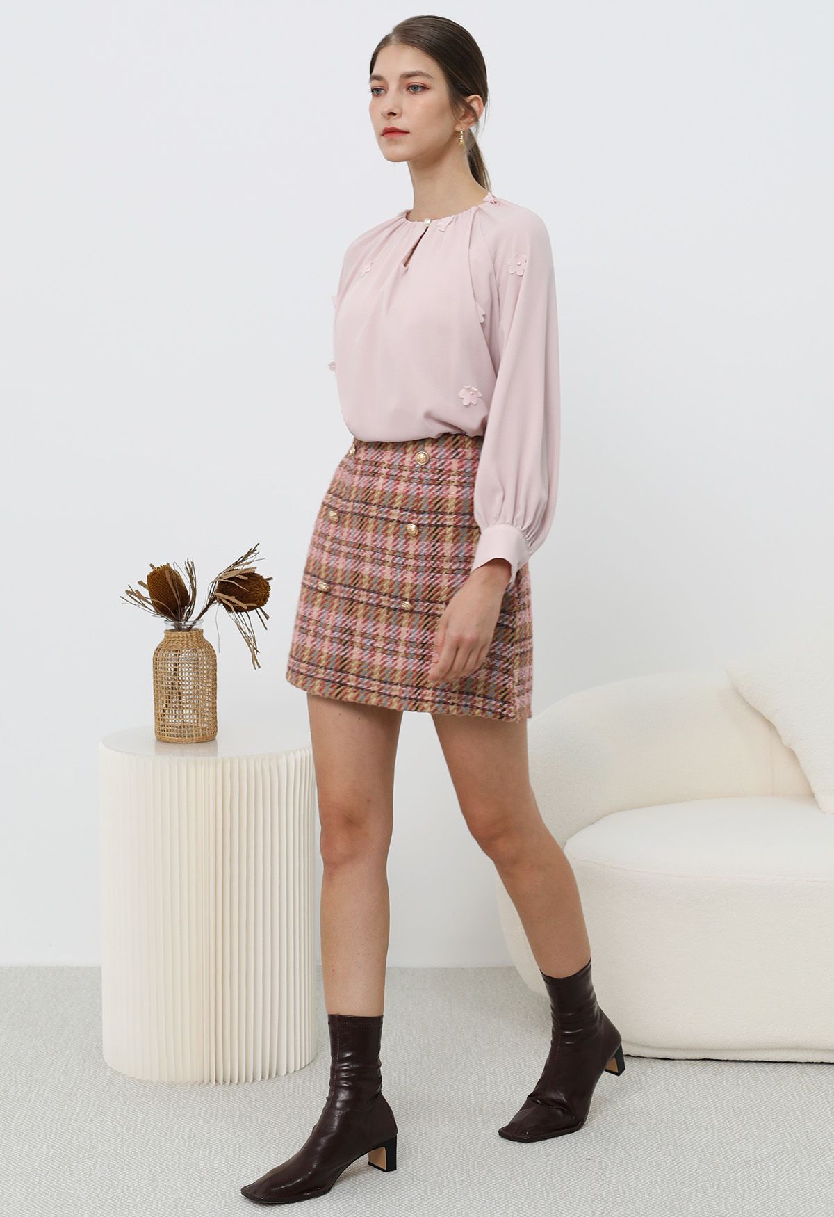 Golden Buttons Pink Plaid Wool Blend Mini Skirt Retro Indie and Unique Fashion