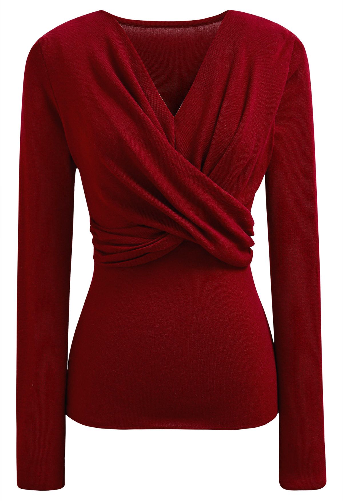 Artful Crisscross V-Neck Long Sleeve Knit Top in Red