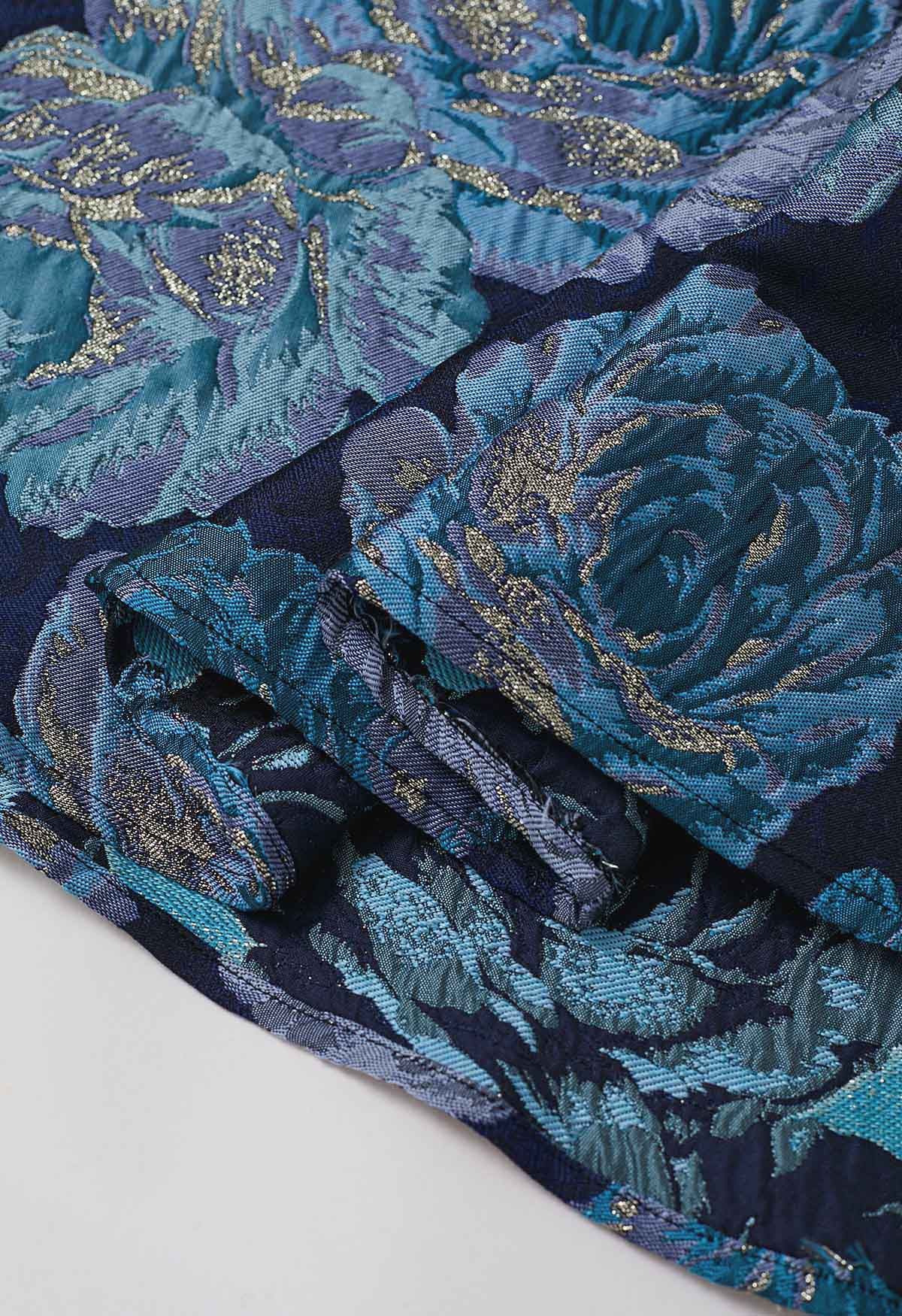 Midnight Blue Peony Jacquard Flare Maxi Skirt