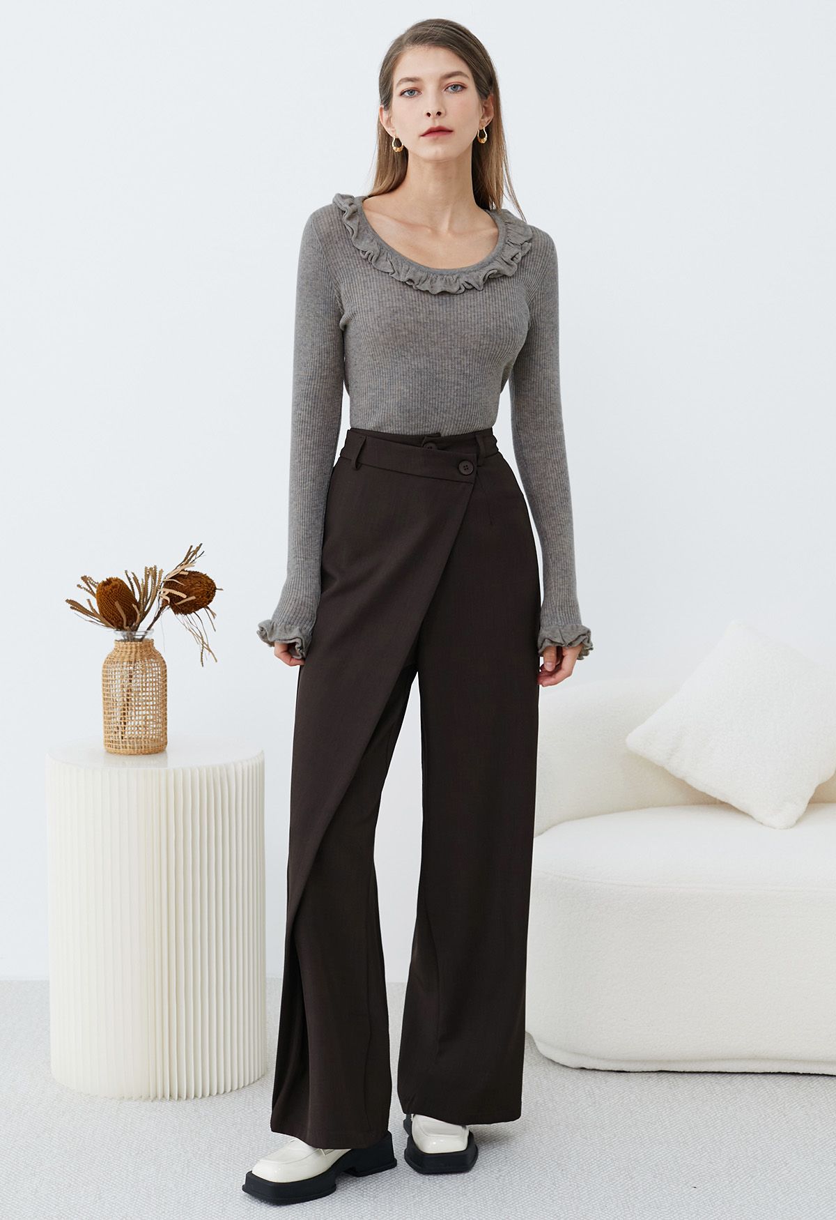 Asymmetric Flap Buttoned Straight-Leg Pants in Chocolate