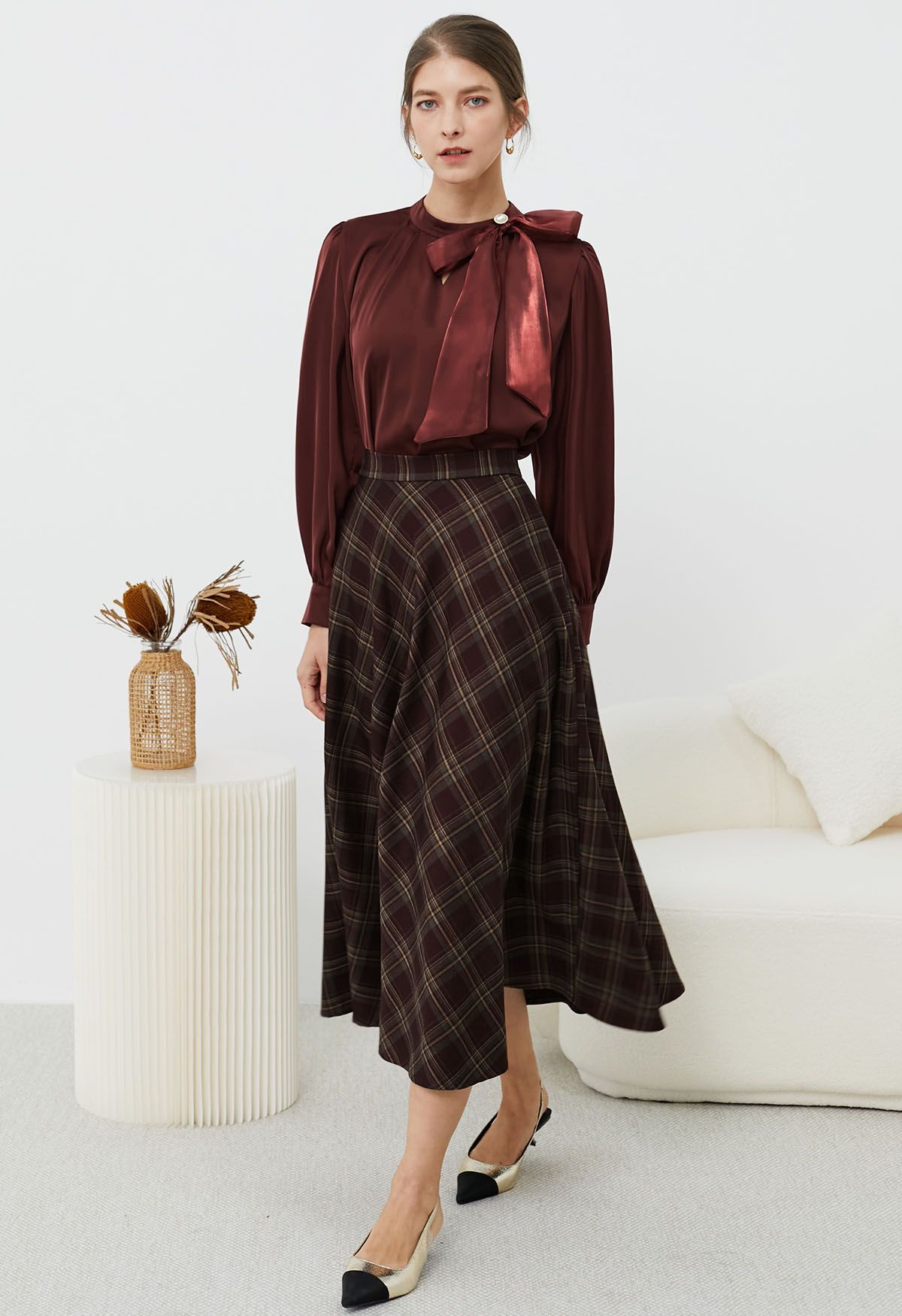 Plaid Charm Flare Midi Skirt in Burgundy