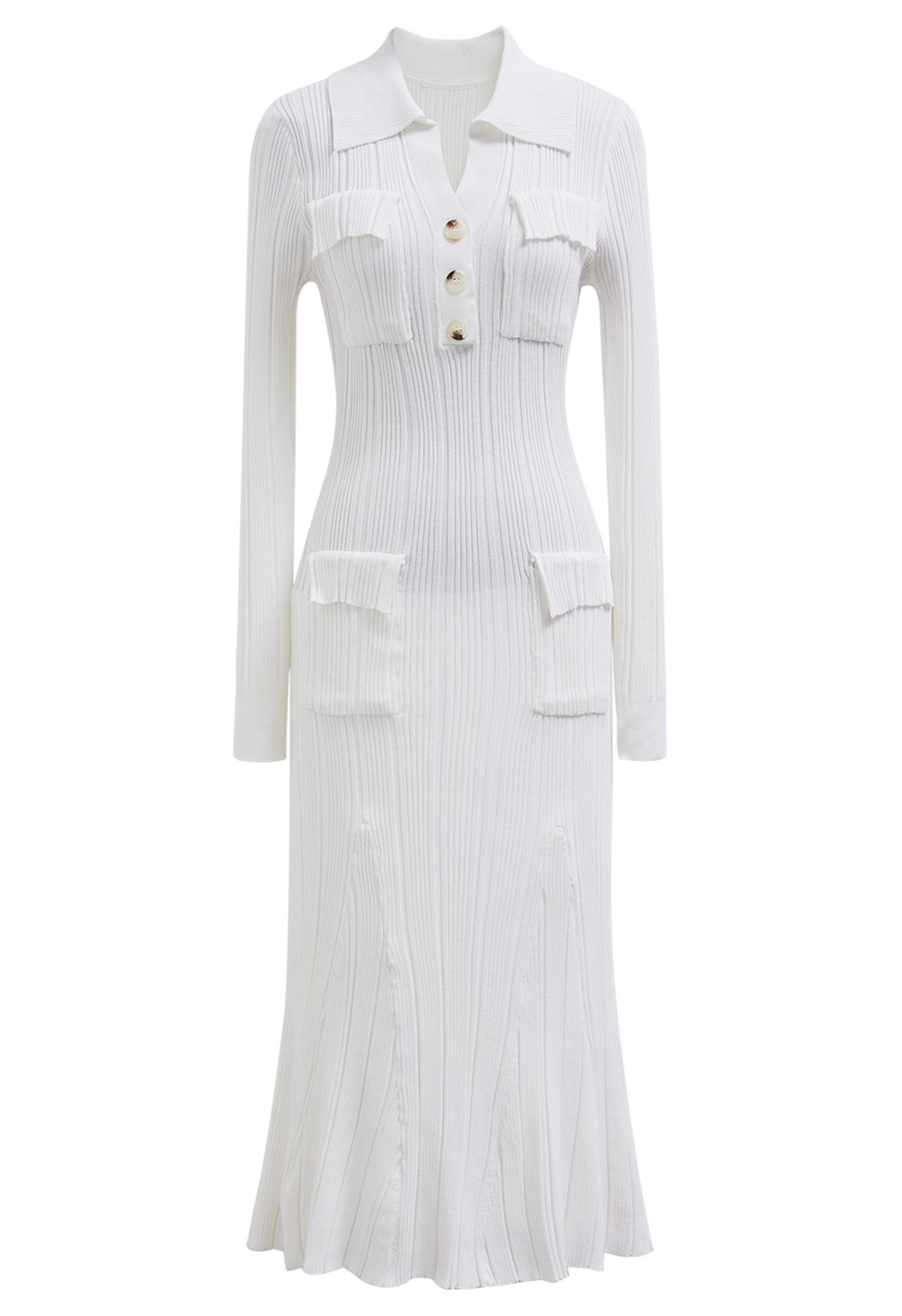 Relaxing Collared Flap Pocket Ribbed Knit Dress in White