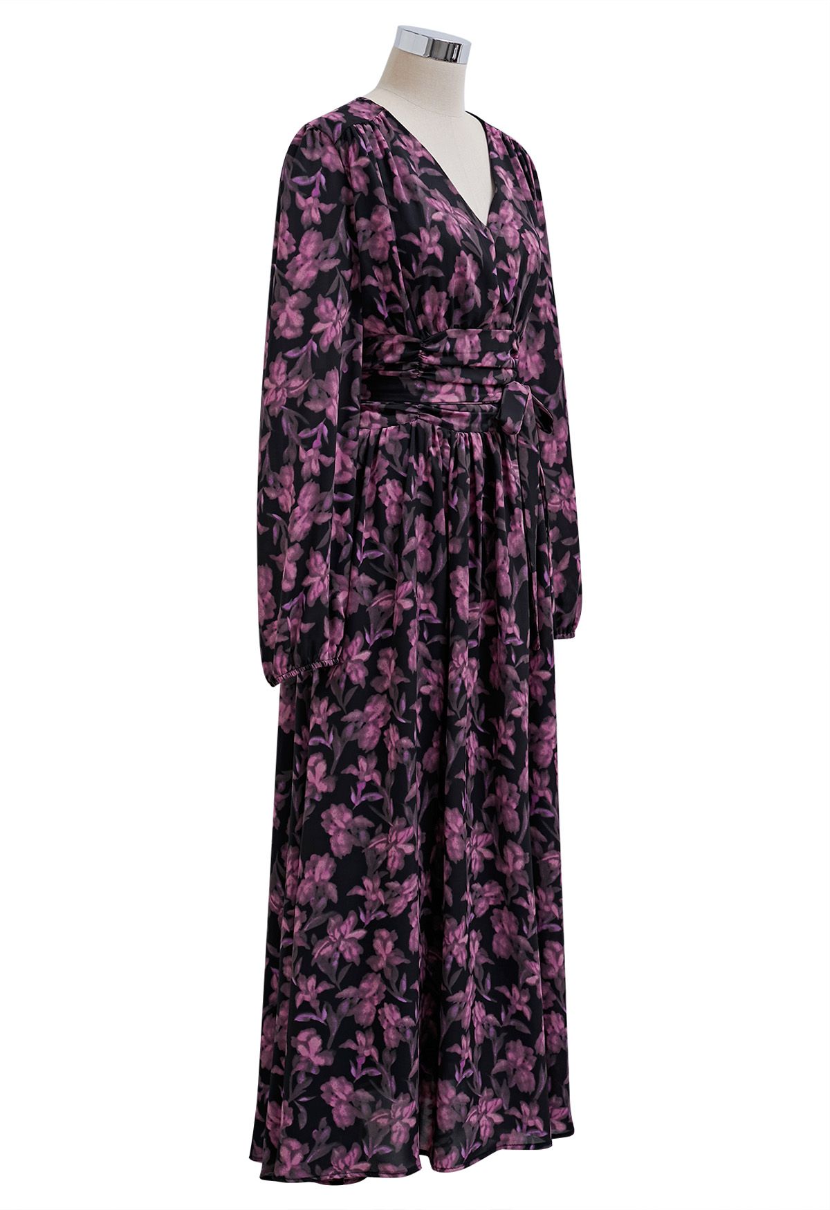 Floral Serenade V-Neck Chiffon Maxi Dress in Pink