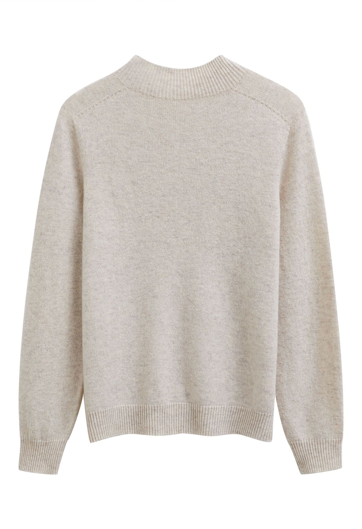 Heartwarming Mock Neck Long-Sleeve Wool Sweater in Linen