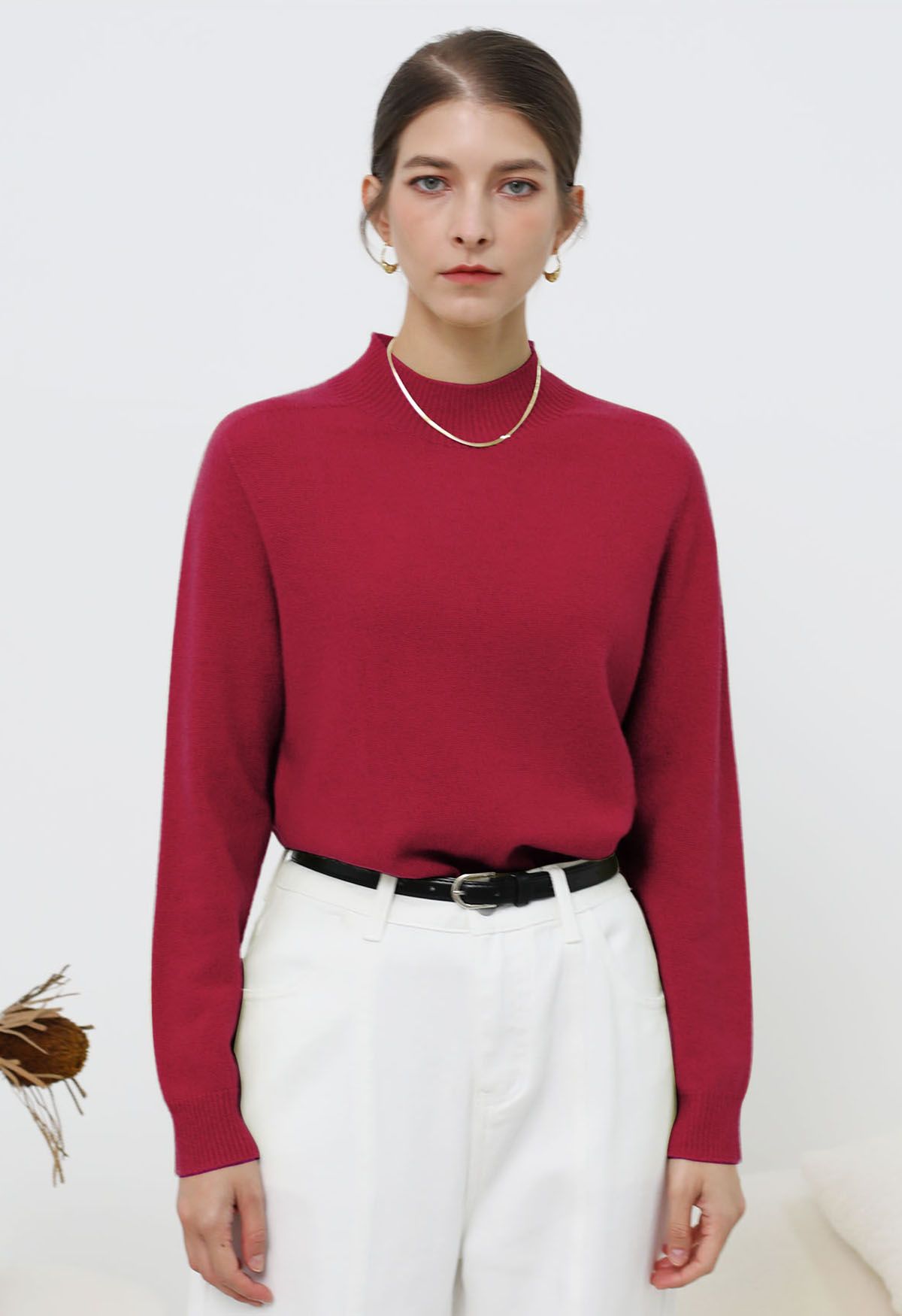 Heartwarming Mock Neck Long-Sleeve Wool Sweater in Magenta