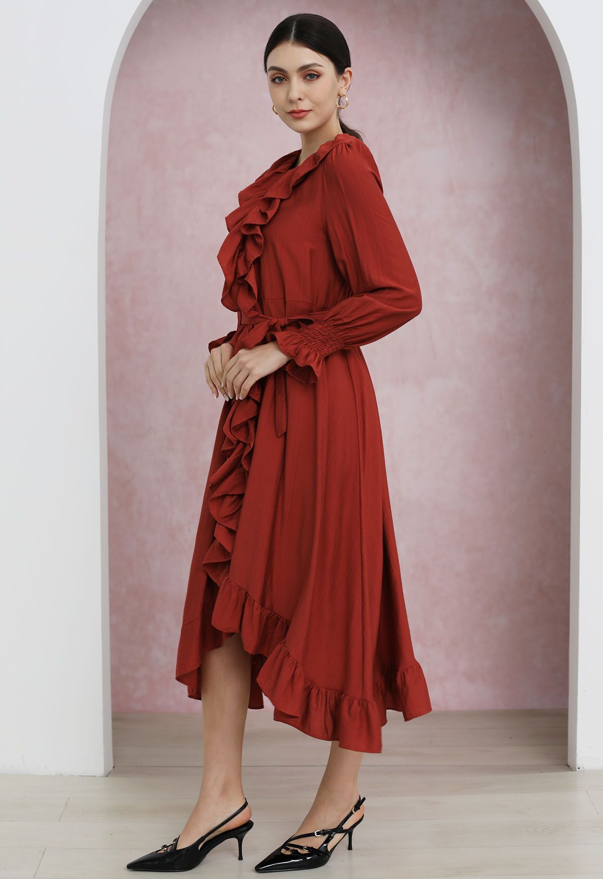 Whimsical Ruffle Asymmetric Button Down Midi Dress in Red