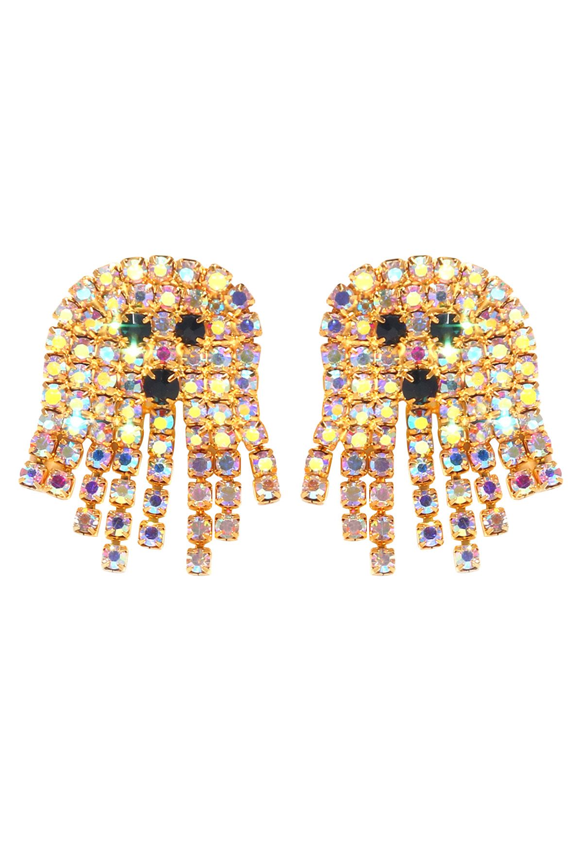 Colorful Rhinestone Ghost Earrings in Gold