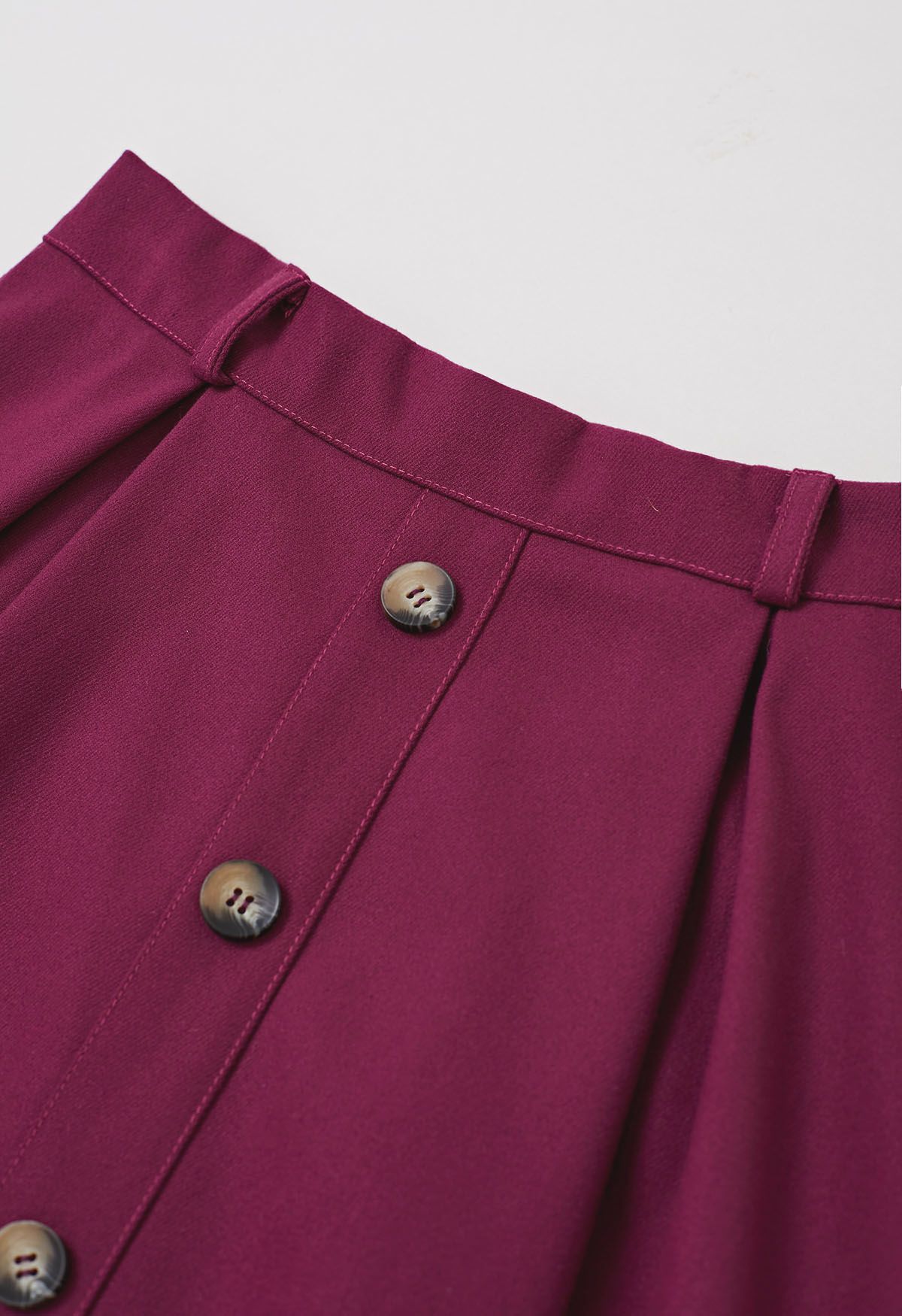 Vintage-Inspired Button Trim Pleated Midi Skirt in Berry