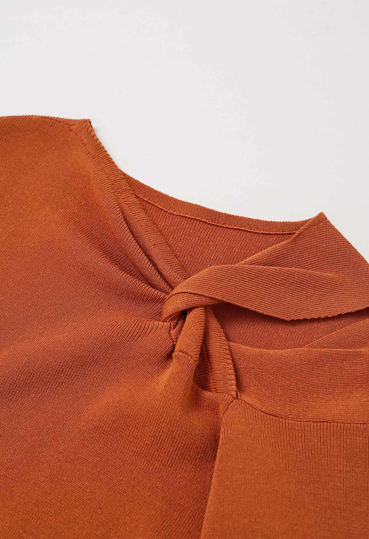 Knotted Shoulder Cutout Long-Sleeve Knit Top in Pumpkin