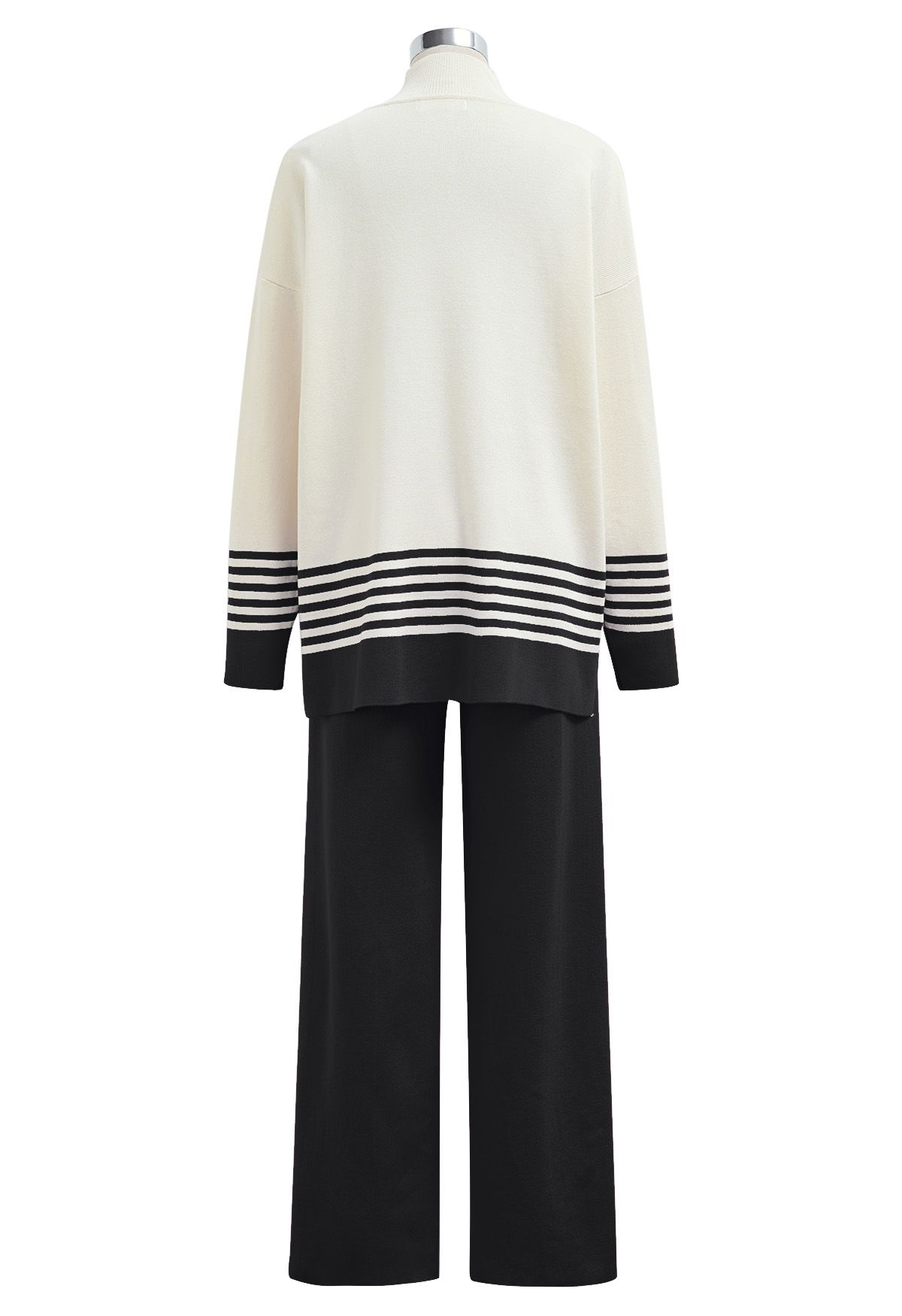 Two-Tone Striped Mock Neck Knit Sweater and Pants Set in Black