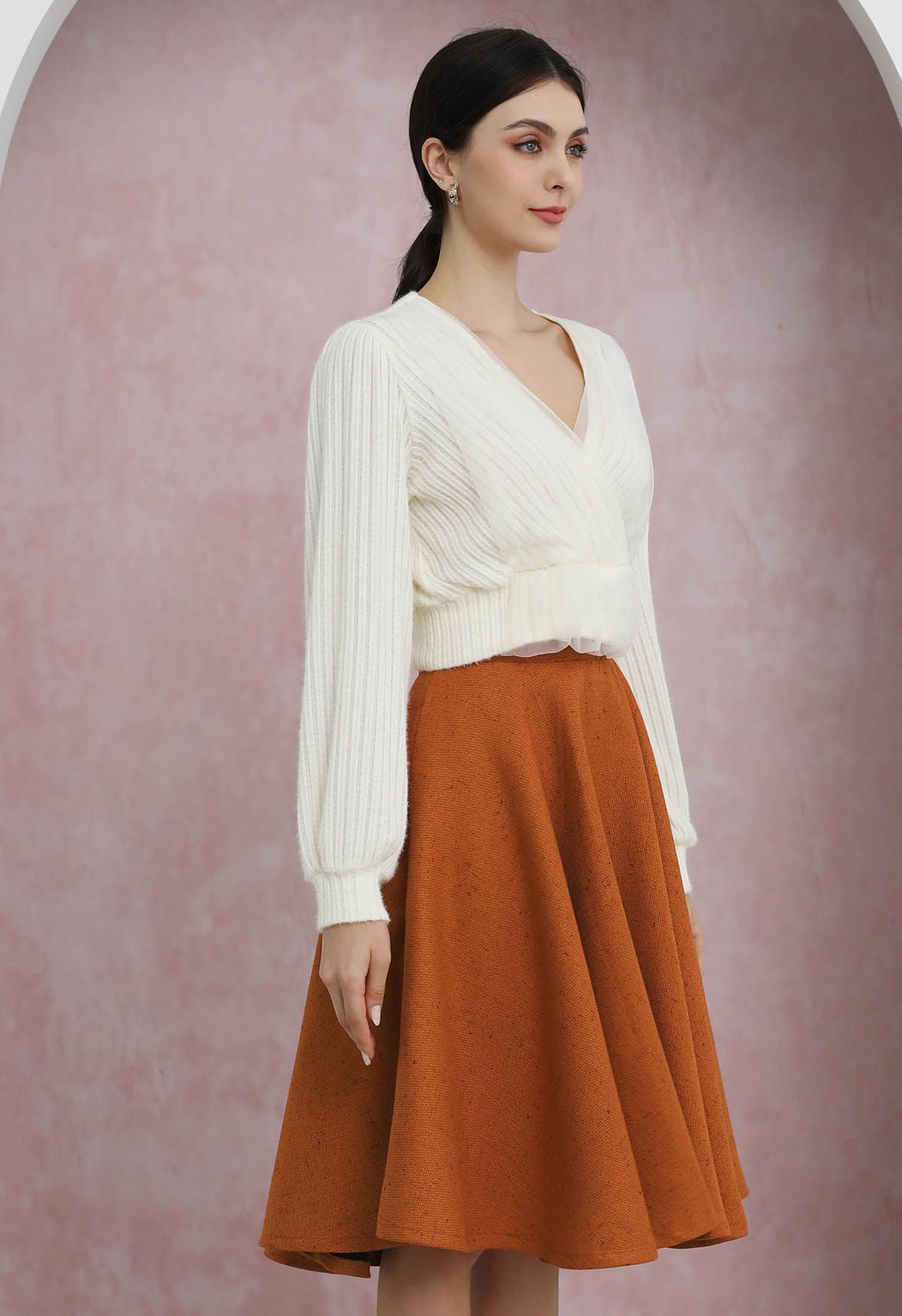 Autumn Edit Soft Tweed Flare Midi Skirt in Pumpkin