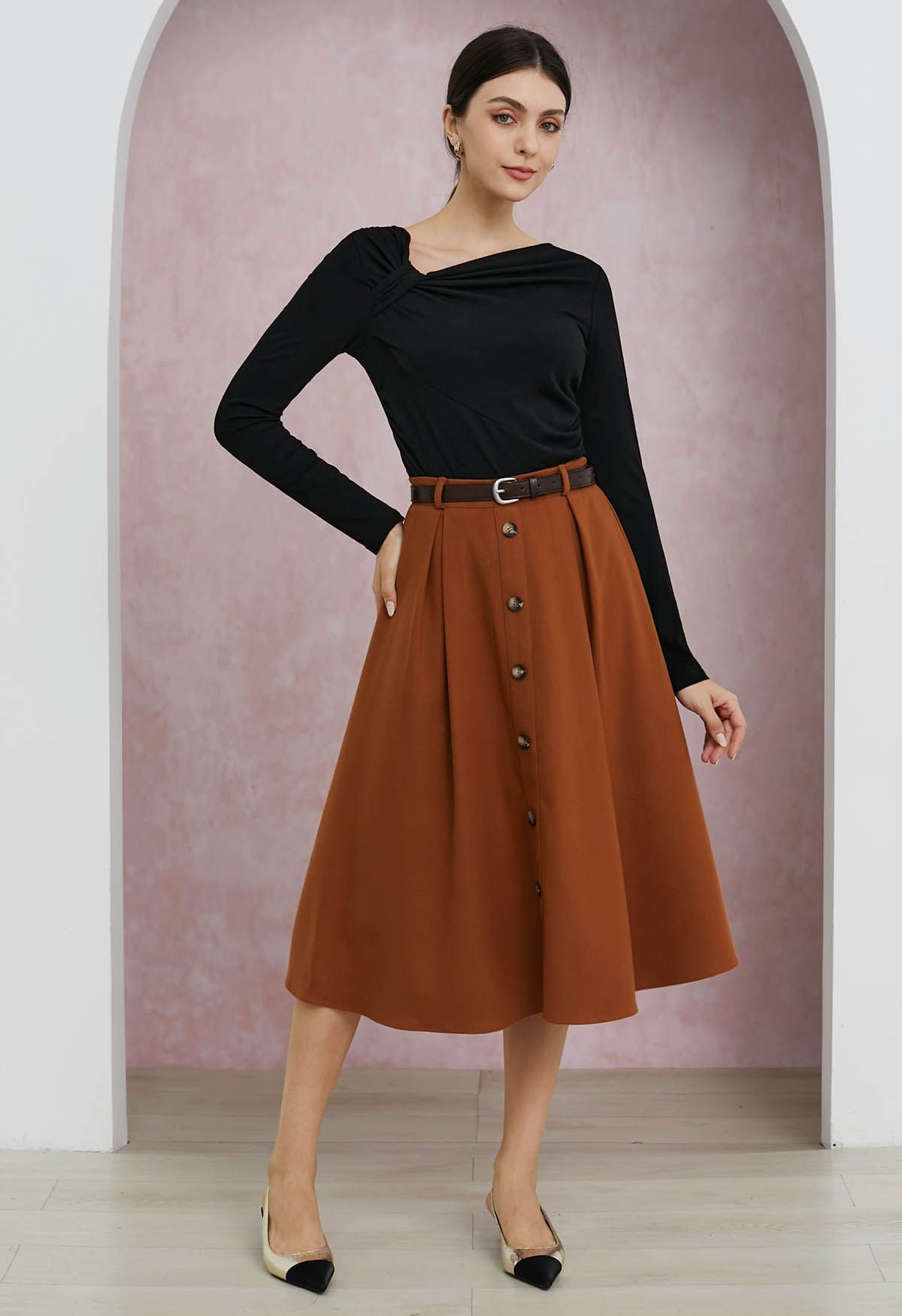 Vintage-Inspired Button Trim Pleated Midi Skirt in Pumpkin