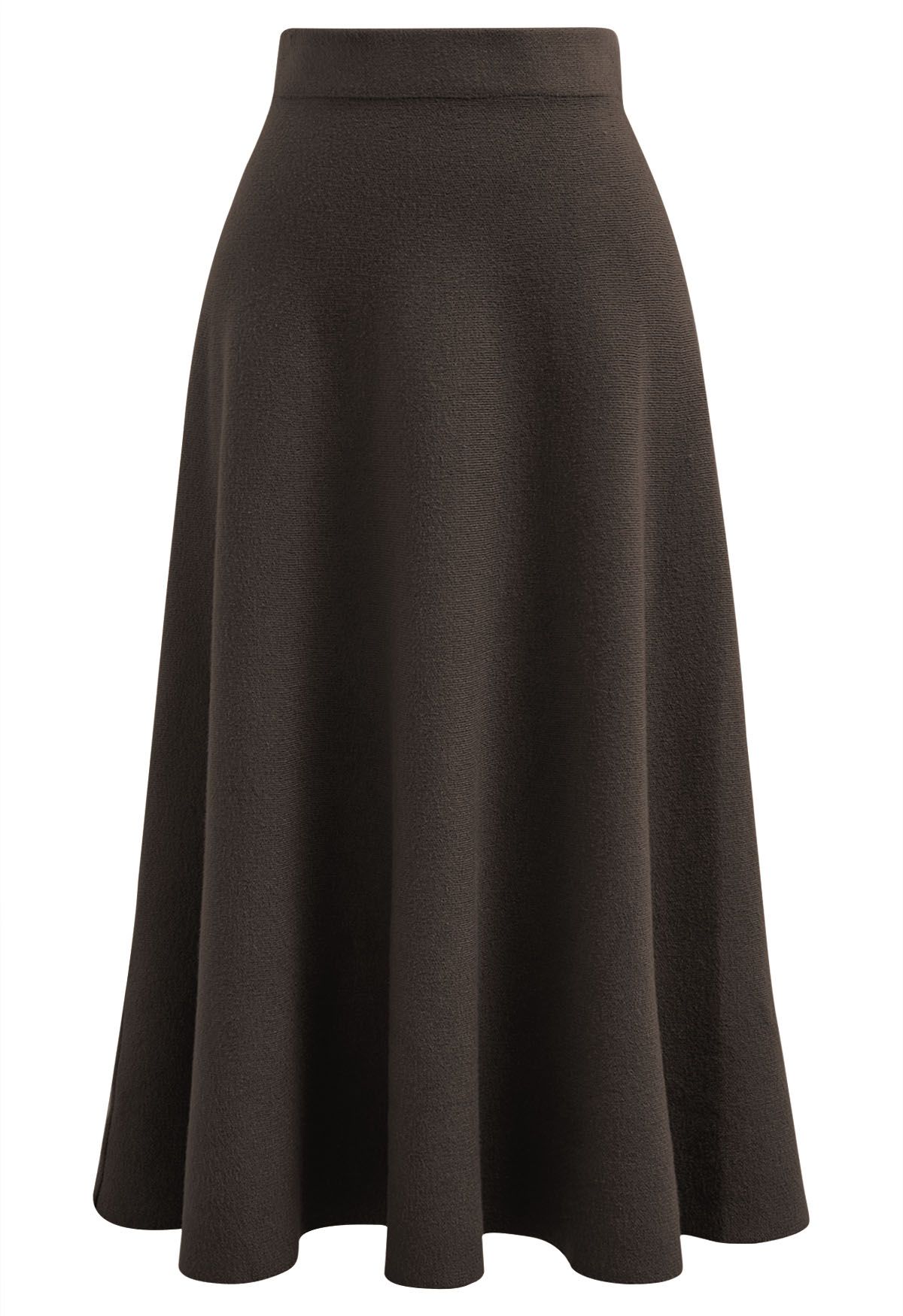 Solid Color A-Line Knit Midi Skirt in Brown