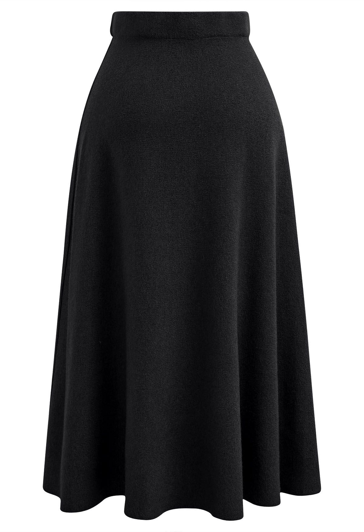 Solid Color A-Line Knit Midi Skirt in Black