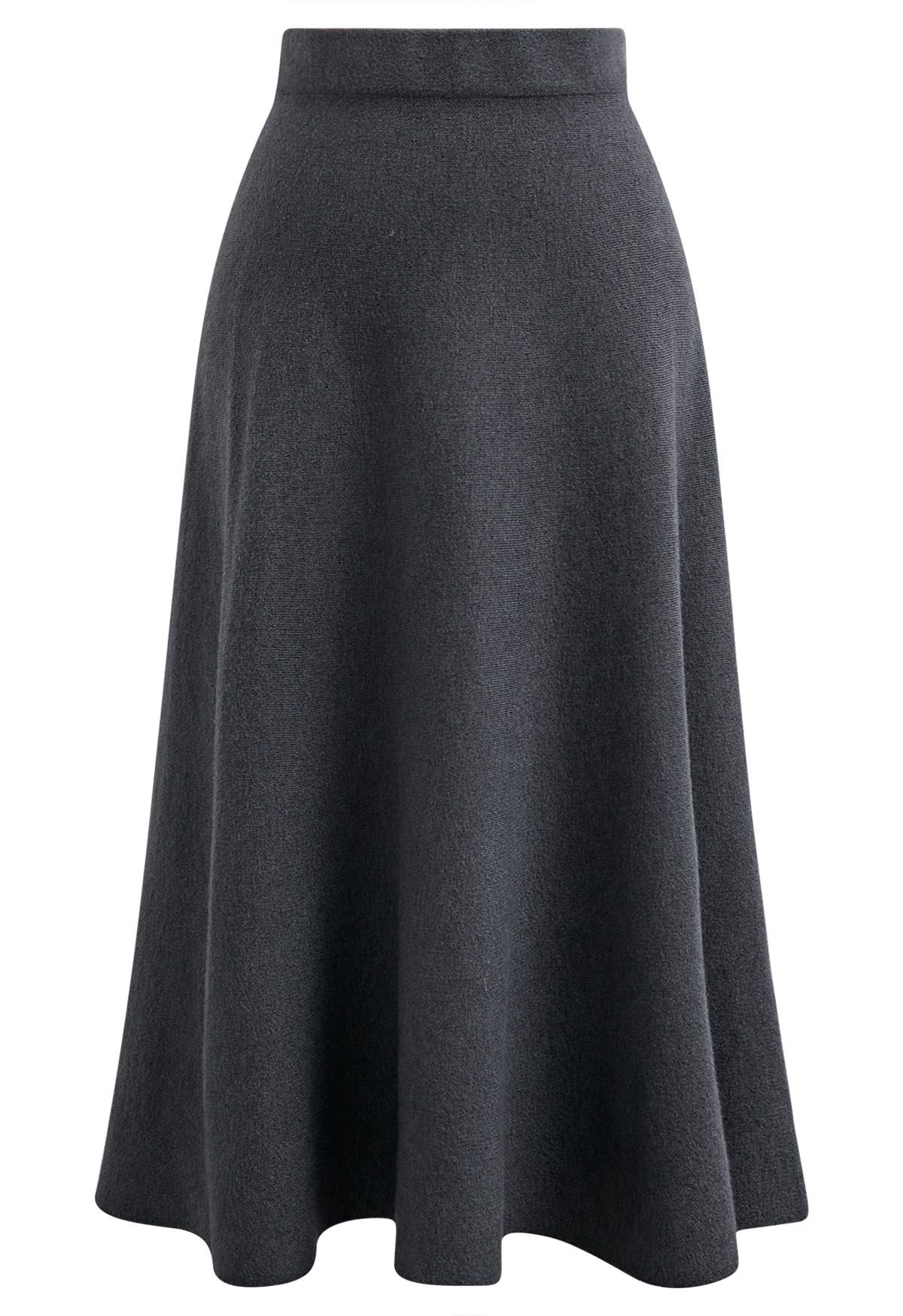 Solid Color A-Line Knit Midi Skirt in Smoke