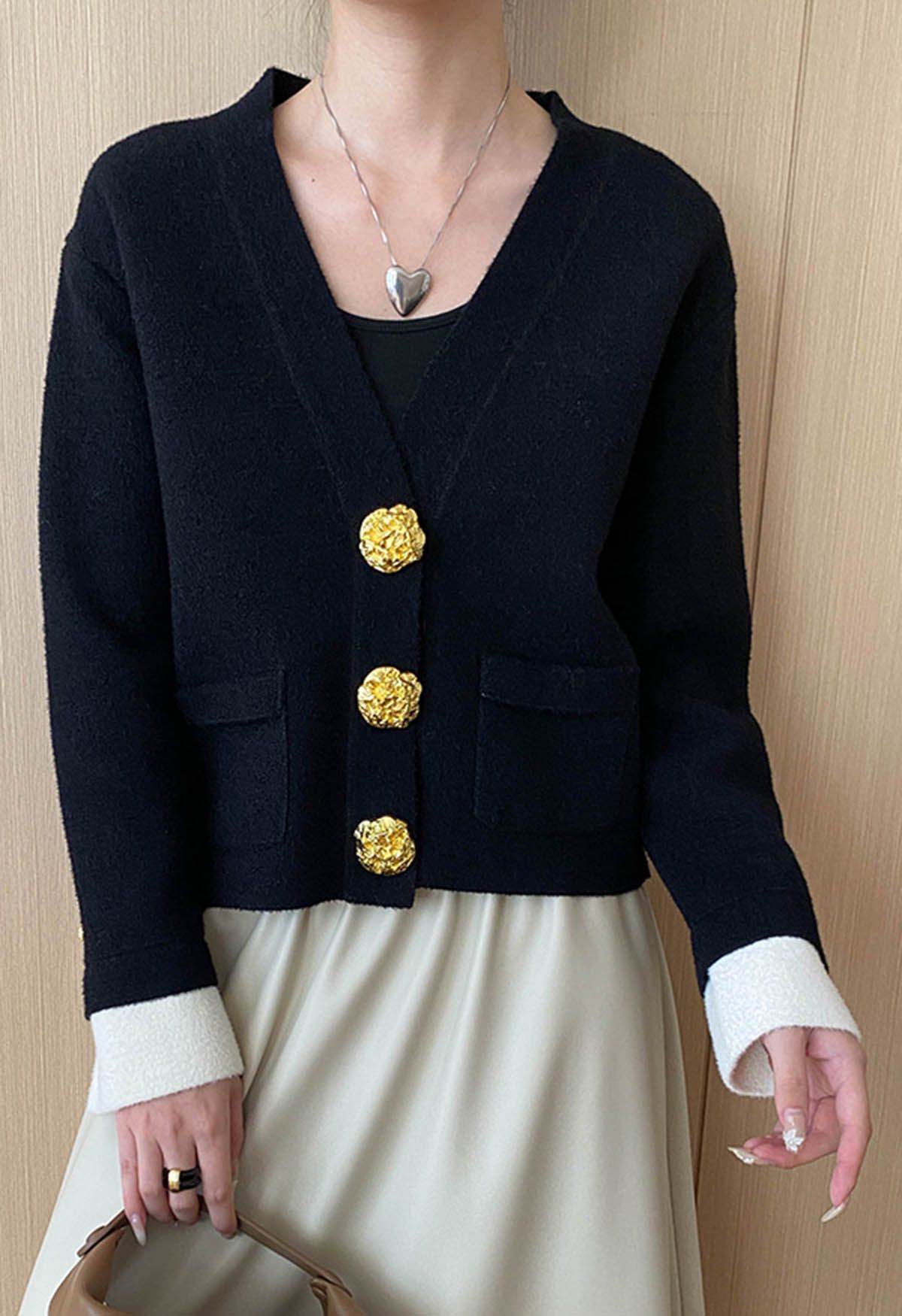 Eye-Catching Golden Stud Button Contrast Knit Cardigan in Black