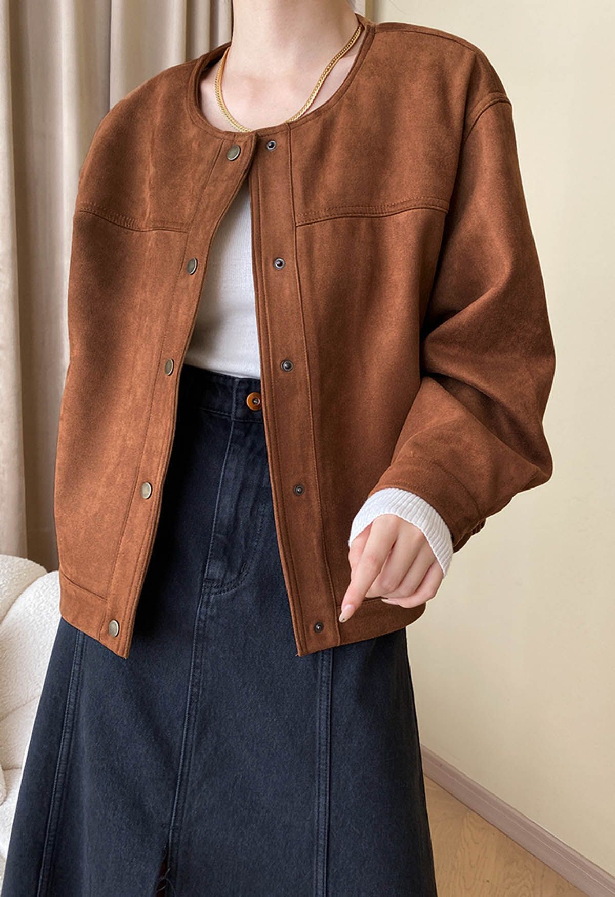 Dashing Faux Suede Stud Button Jacket