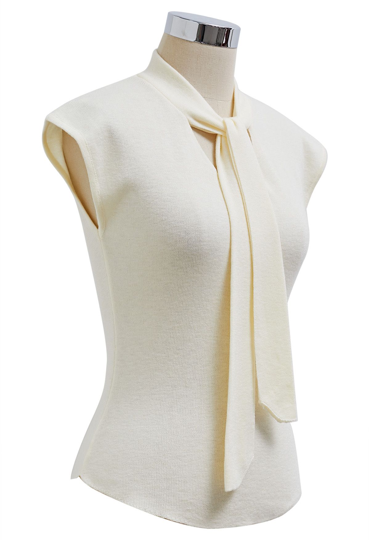 Ribbon-Tied Neckline Cap Sleeve Knit Top in Cream