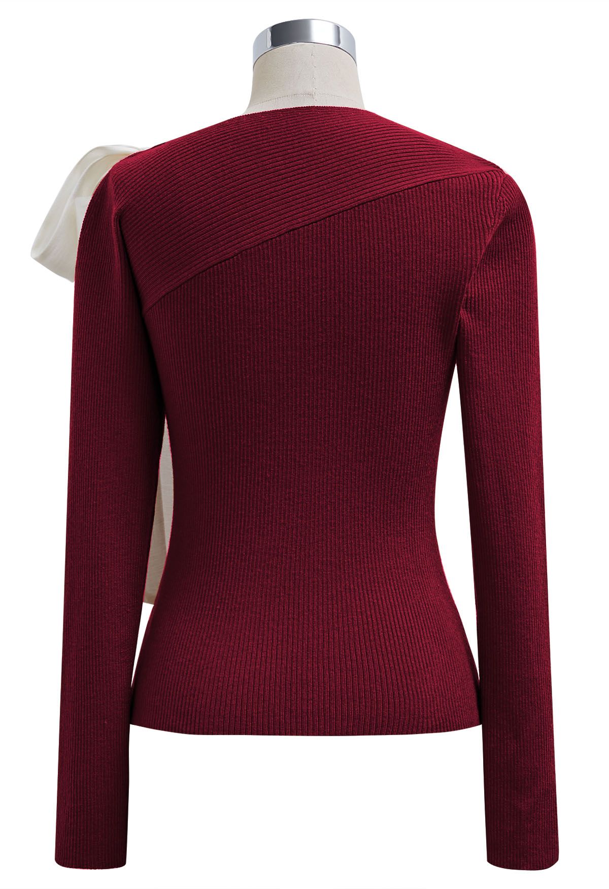 Sheer Tie-Strap One Shoulder Knit Top in Burgundy