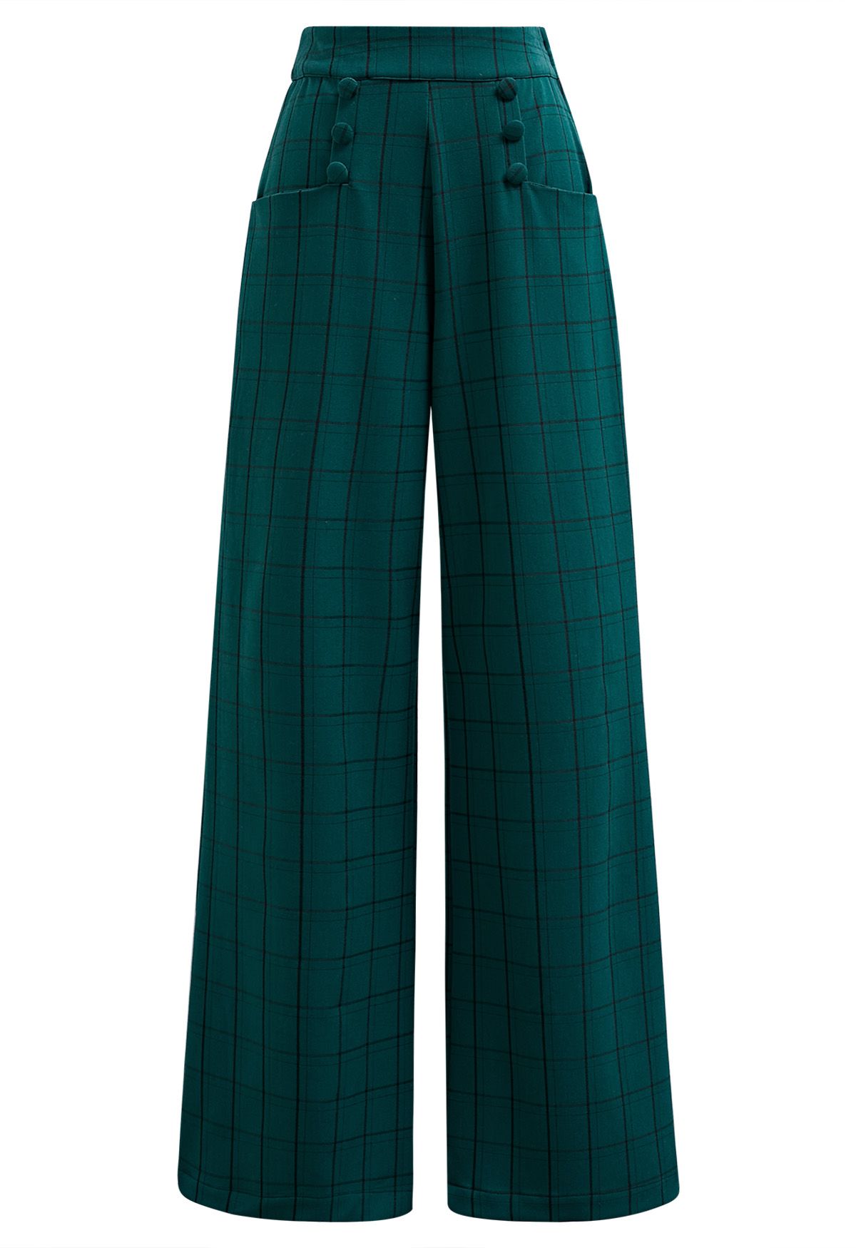 Grid Print Button Decor Straight-Leg Pants in Dark Green