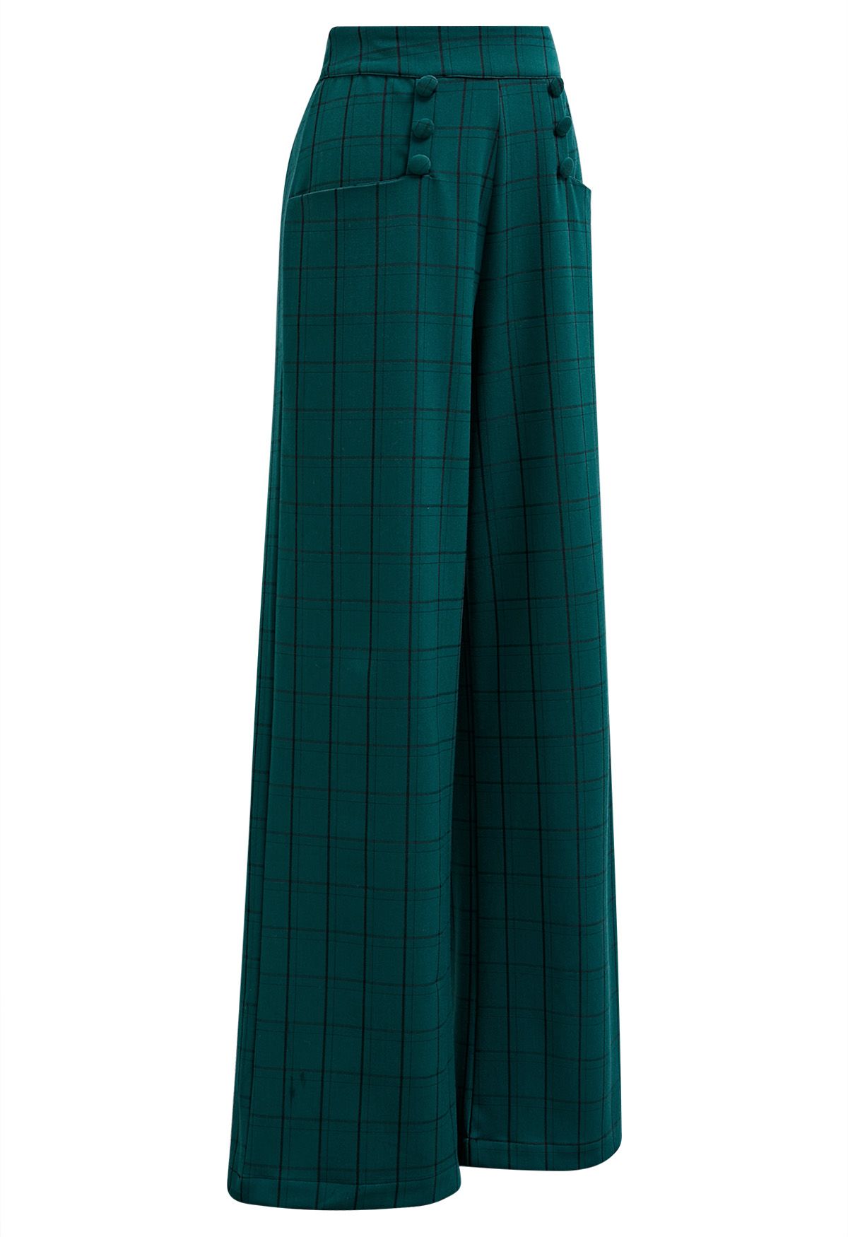 Grid Print Button Decor Straight-Leg Pants in Dark Green