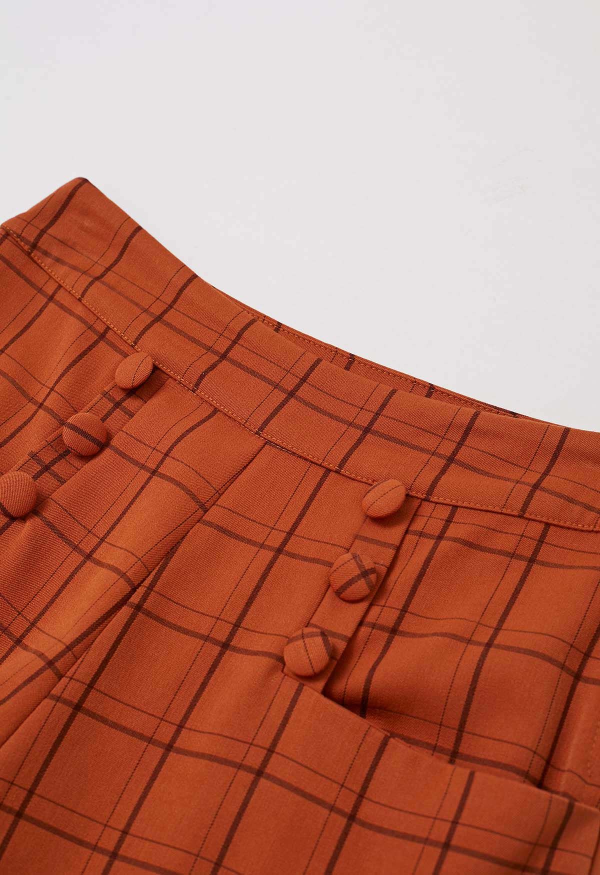 Grid Print Button Decor Straight-Leg Pants in Orange