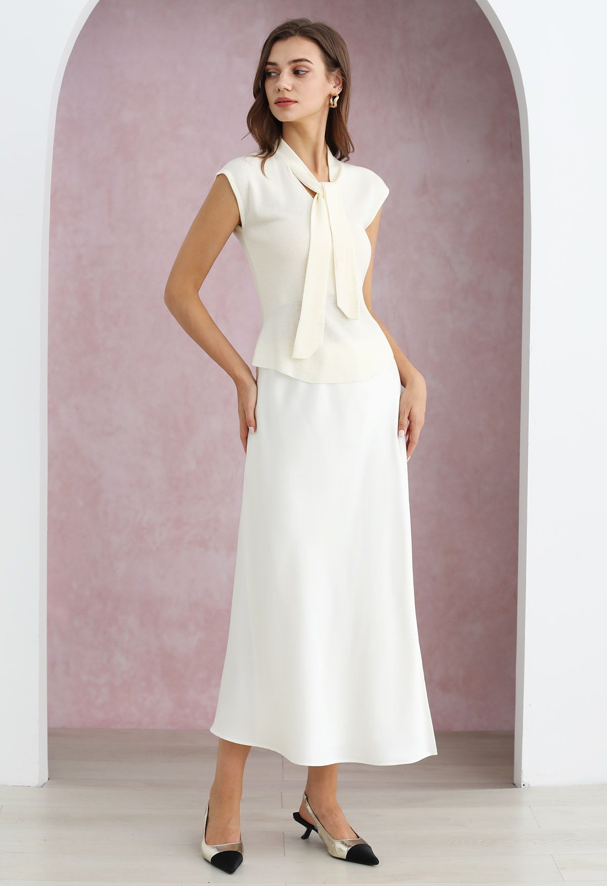 Satin Elegance Front Flap Maxi Skirt in White