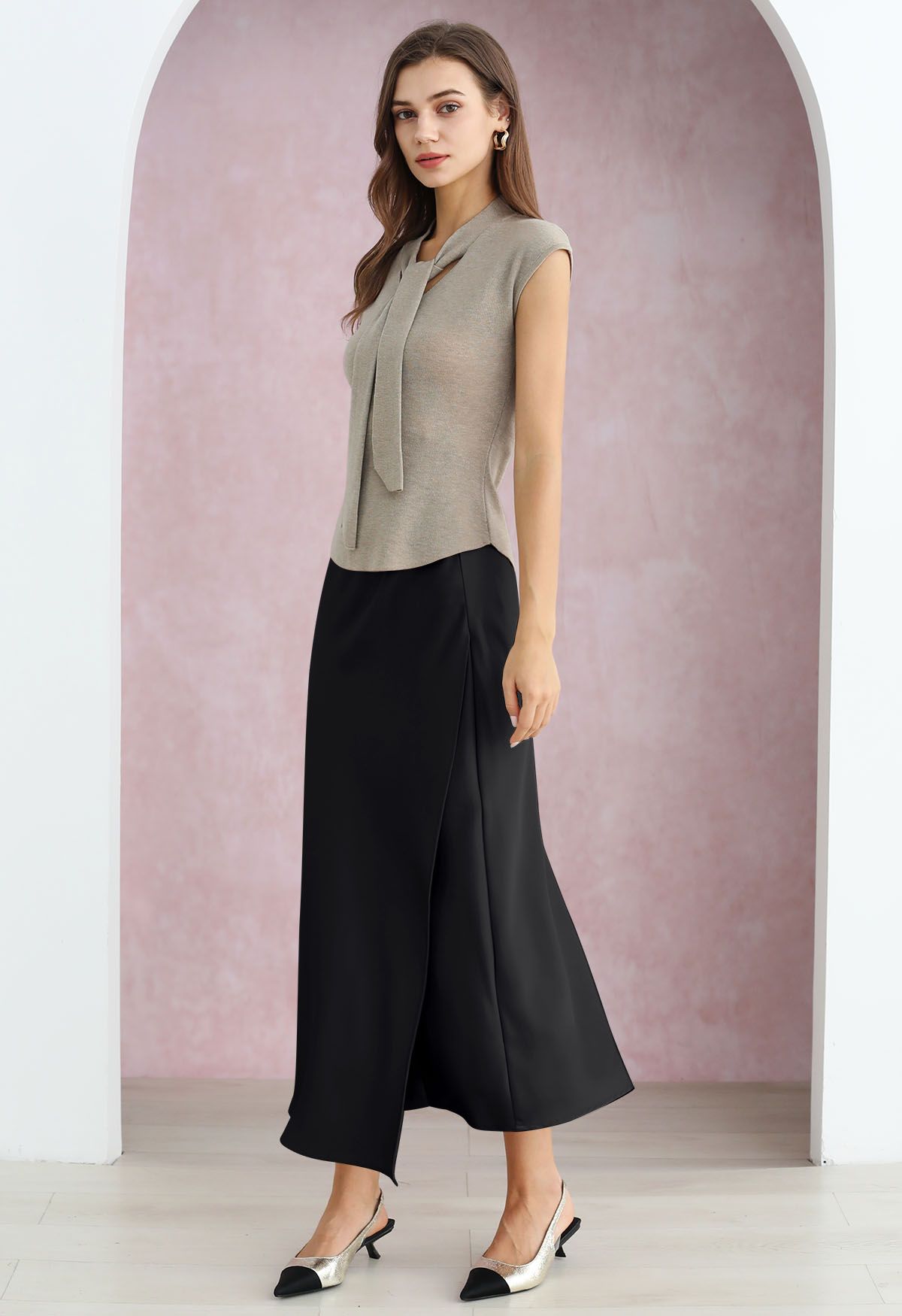 Satin Elegance Front Flap Maxi Skirt in Black