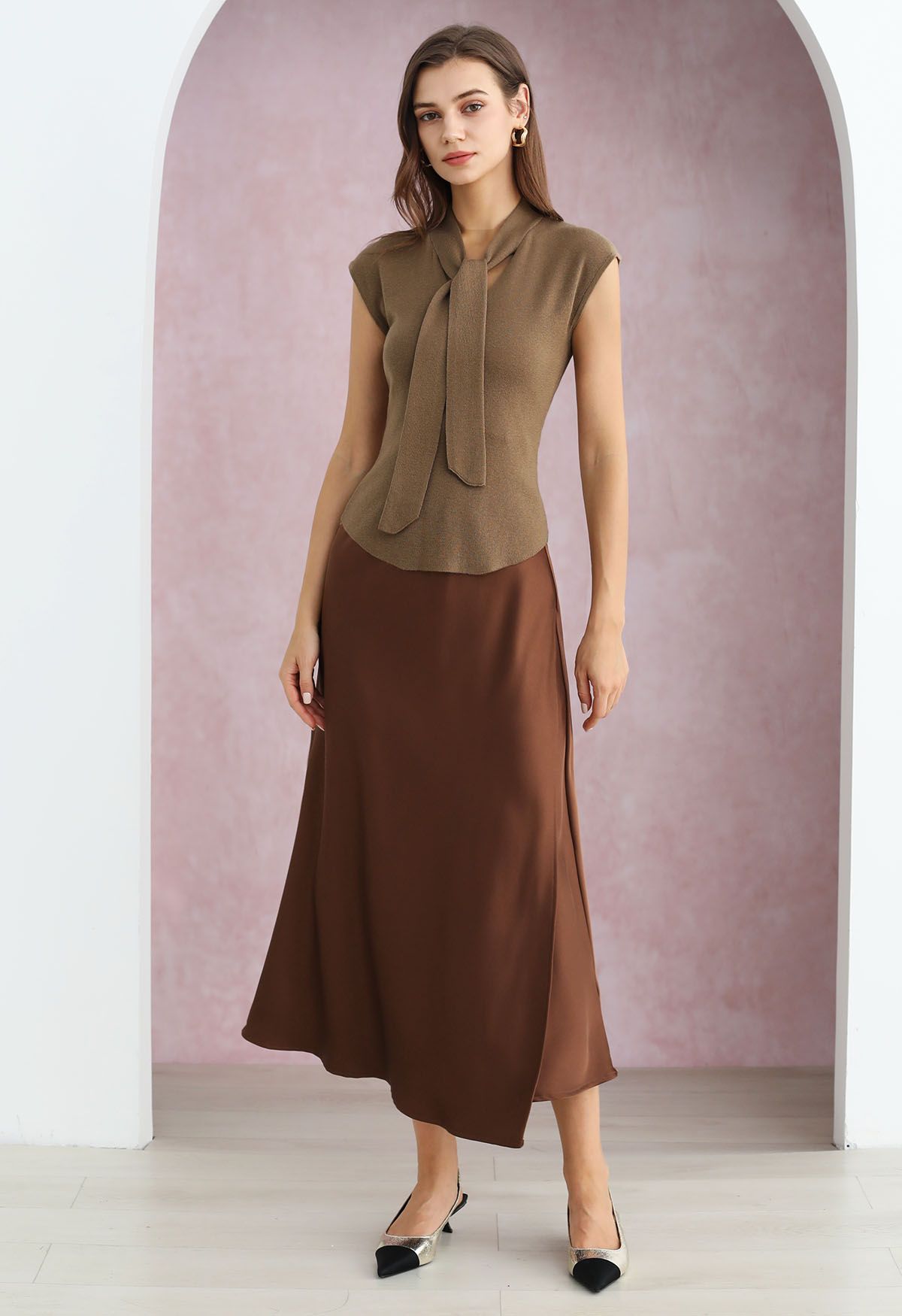 Satin Elegance Front Flap Maxi Skirt in Caramel