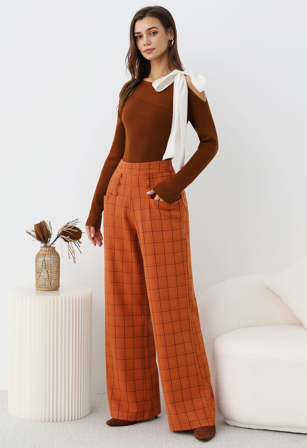 Grid Print Button Decor Straight-Leg Pants in Orange