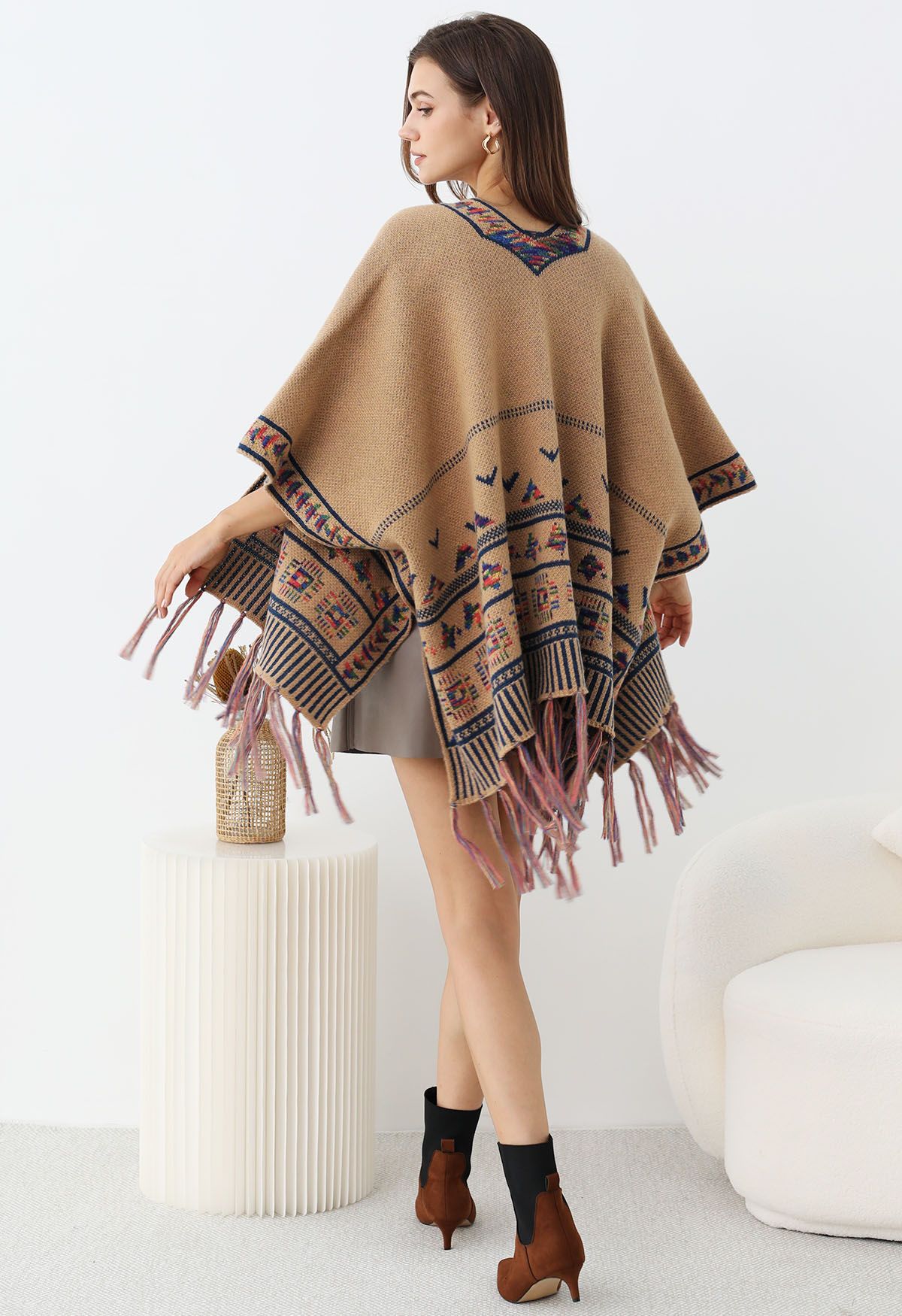 Boho Wanderer Fringed Knit Poncho in Camel