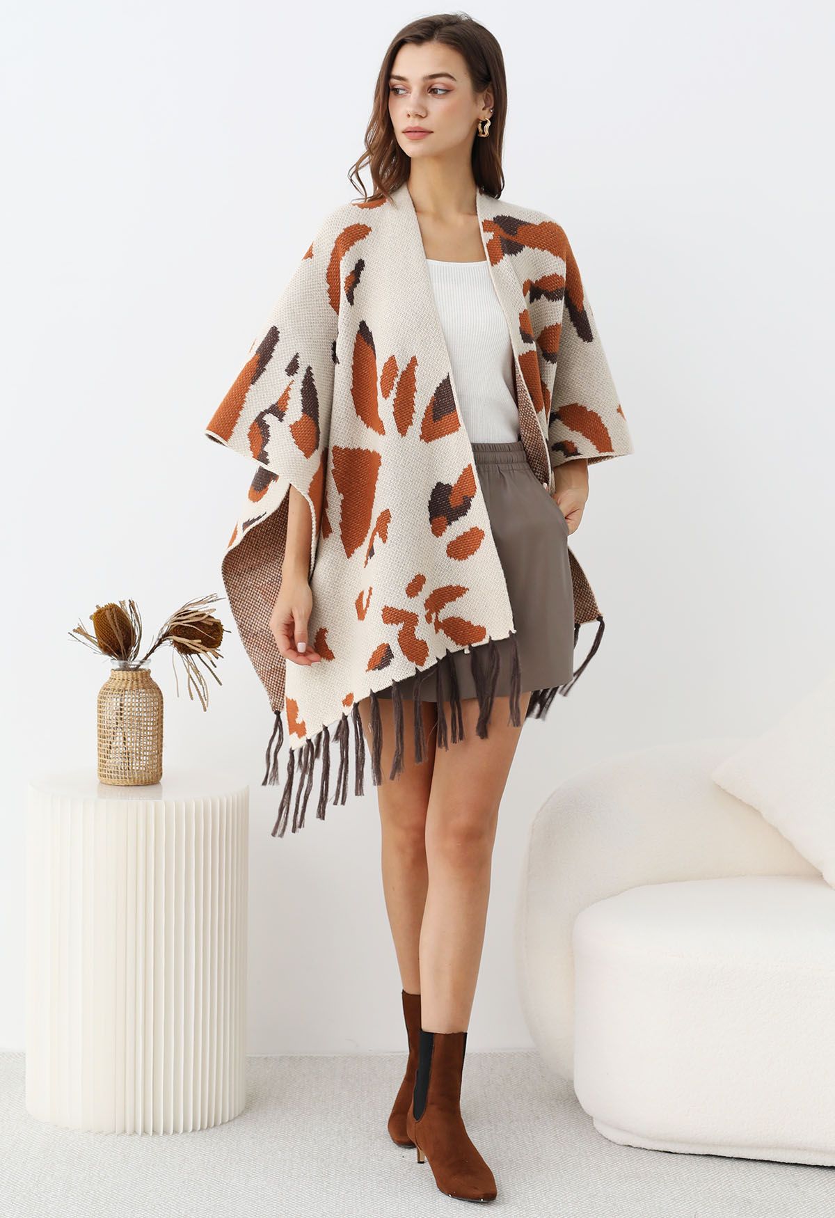 Autumn Hues Abstract Fringed Poncho